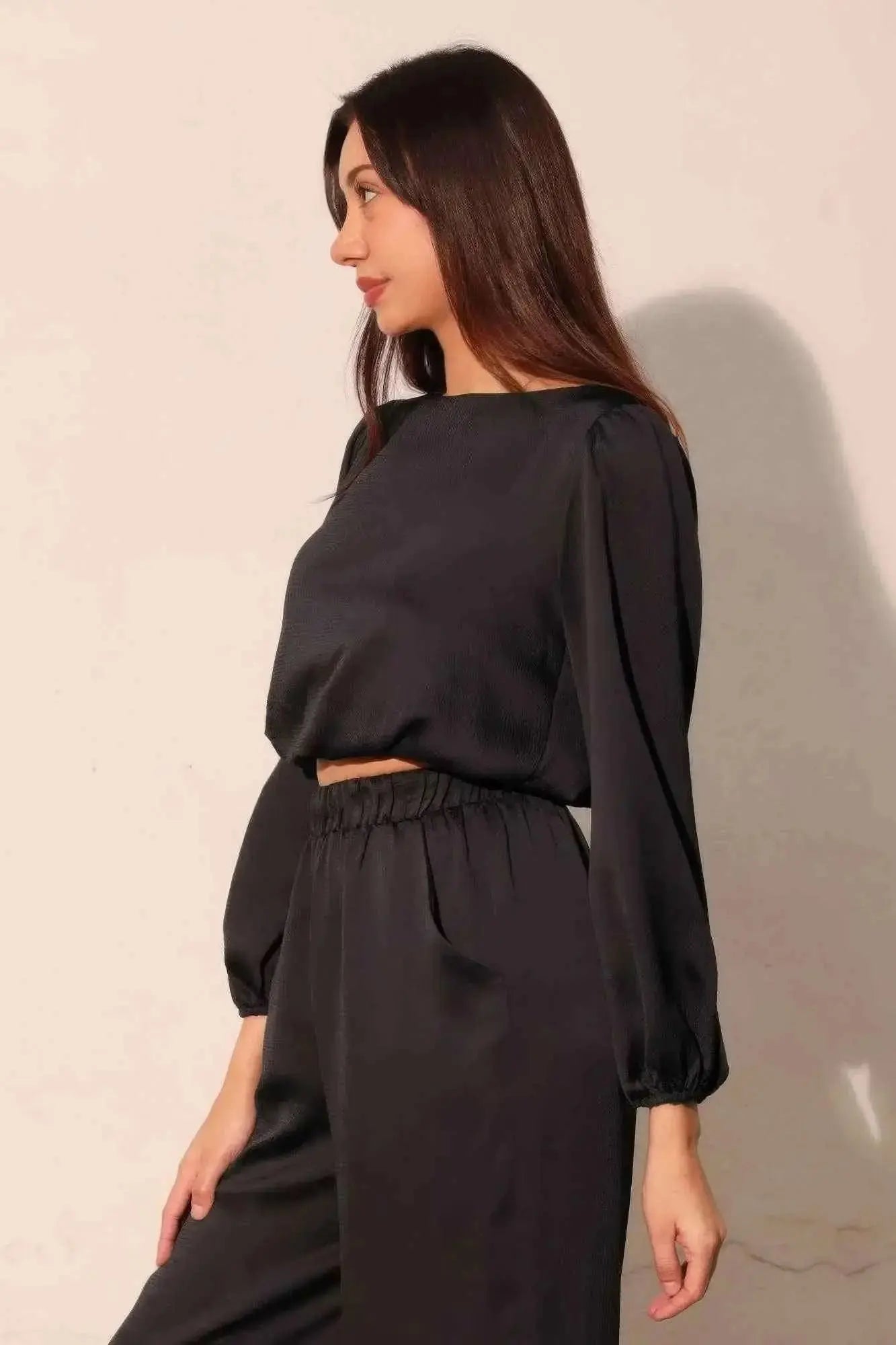 Hammered Satin Long Sleeve Crop Top - Mr Lou’s Place