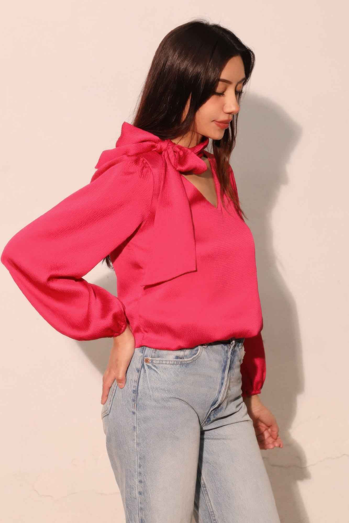 Hammered Satin Tie Neck Bubble Top - Mr Lou’s Place