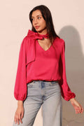 Hammered Satin Tie Neck Bubble Top - Mr Lou’s Place