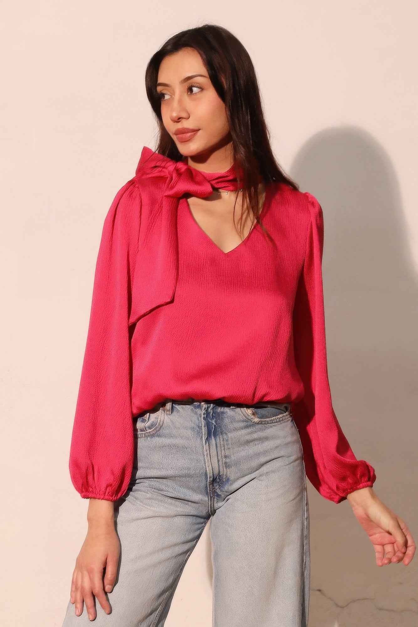 Hammered Satin Tie Neck Bubble Top - Mr Lou’s Place