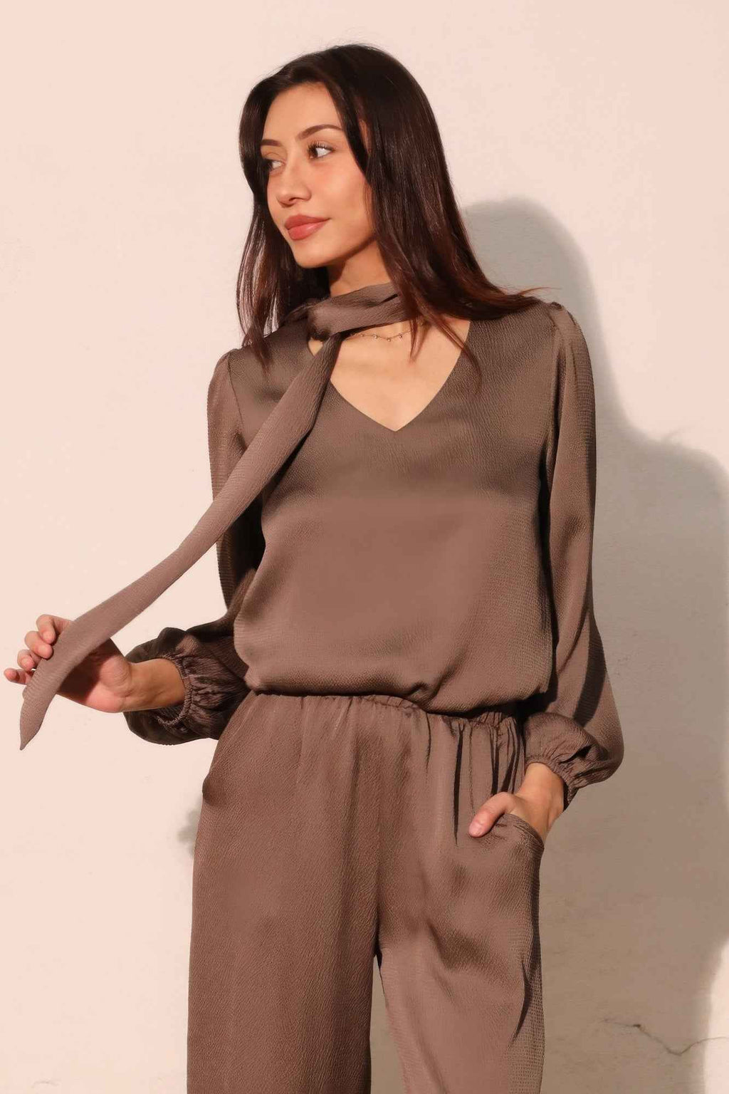 Hammered Satin Tie Neck Bubble Top - Mr Lou’s Place