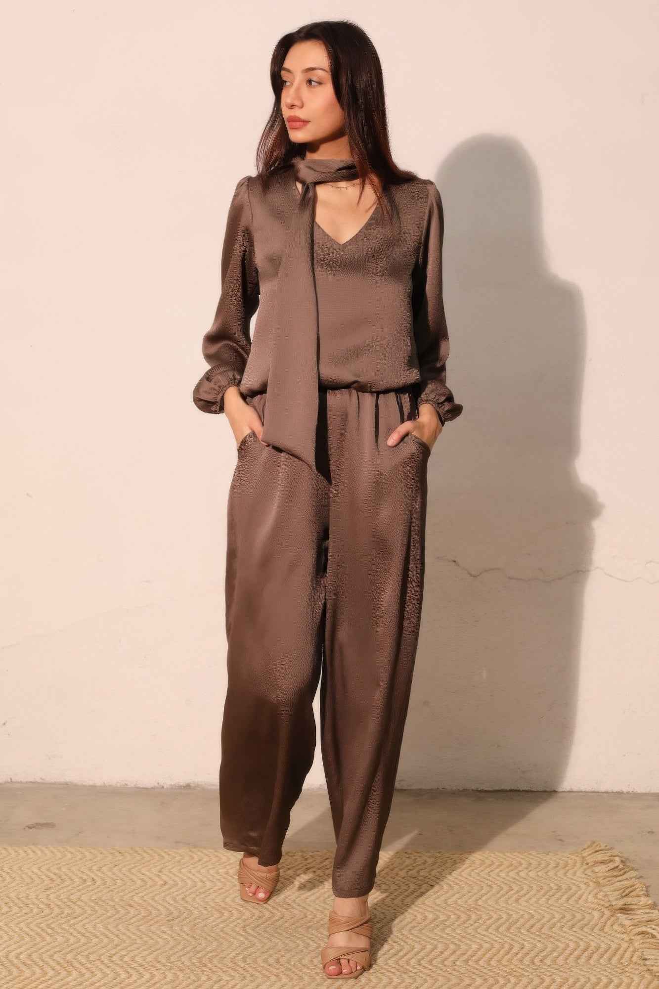 Hammered Satin Tie Neck Bubble Top - Mr Lou’s Place