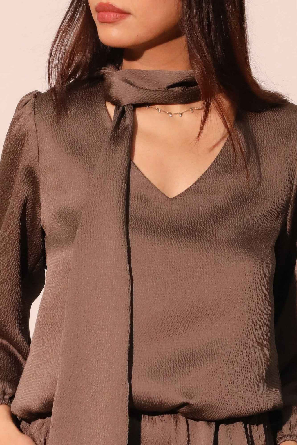 Hammered Satin Tie Neck Bubble Top - Mr Lou’s Place