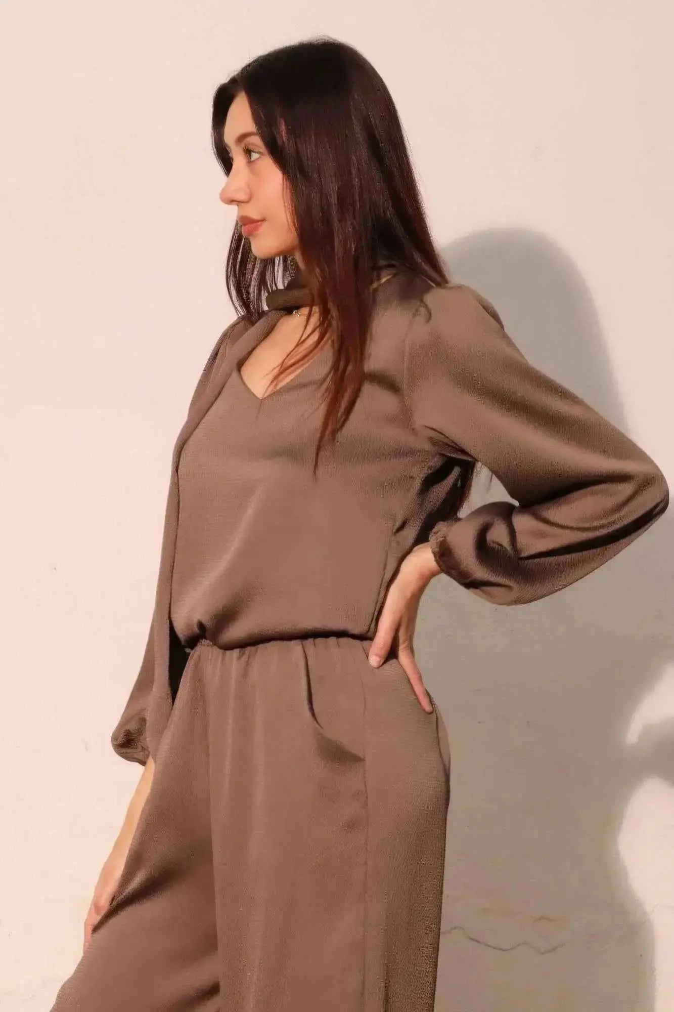 Hammered Satin Tie Neck Bubble Top - Mr Lou’s Place