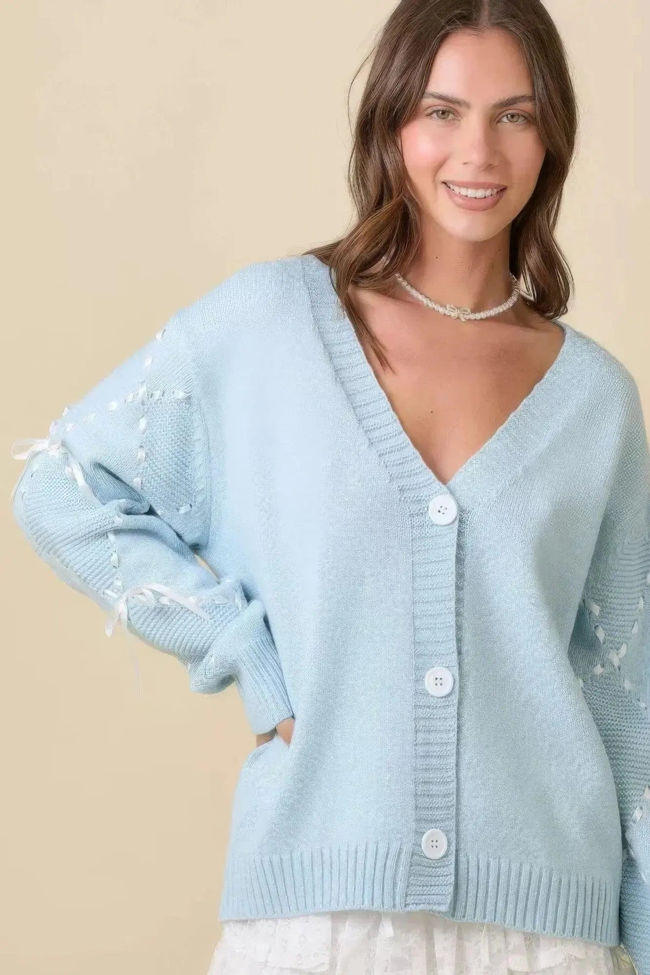 Hand Sewn Satin Ribbon Detail On Sleeve Cardigan - Mr Lou’s Place