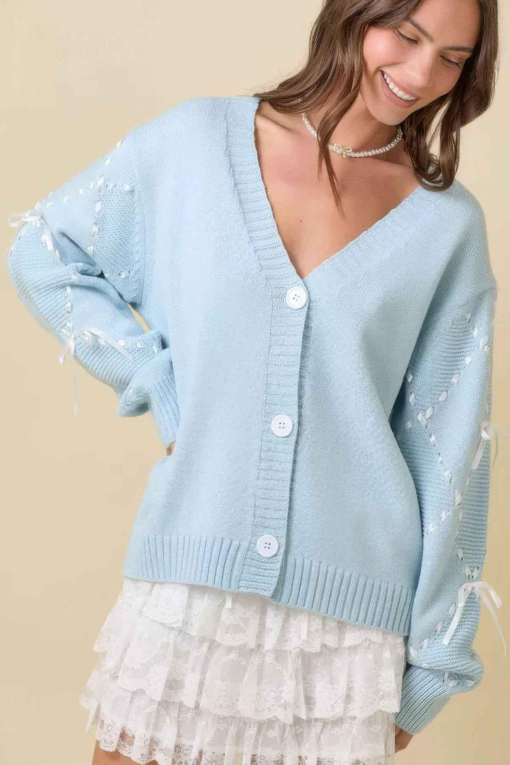 Hand Sewn Satin Ribbon Detail On Sleeve Cardigan - Mr Lou’s Place
