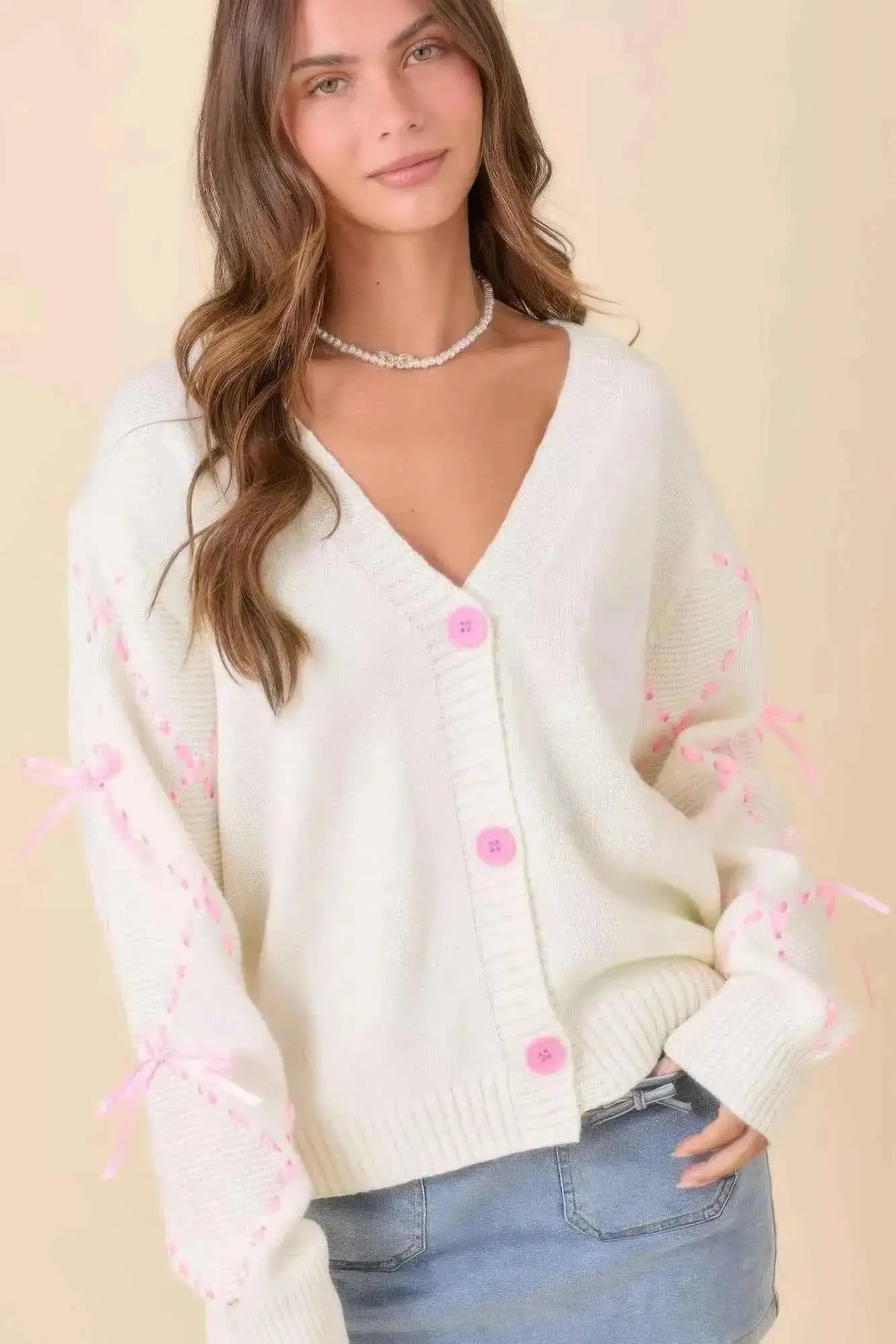 Hand Sewn Satin Ribbon Detail On Sleeve Cardigan - Mr Lou’s Place