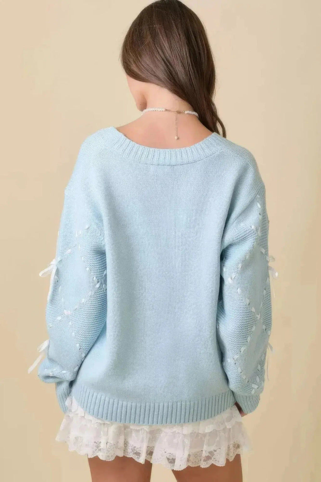 Hand Sewn Satin Ribbon Detail On Sleeve Cardigan - Mr Lou’s Place