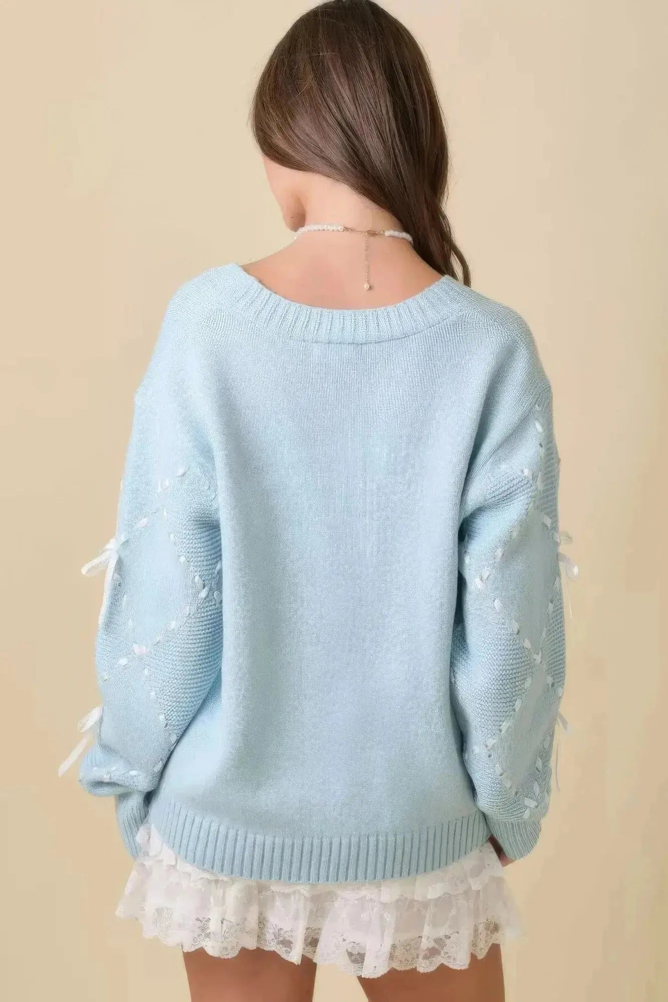 Hand Sewn Satin Ribbon Detail On Sleeve Cardigan - Mr Lou’s Place