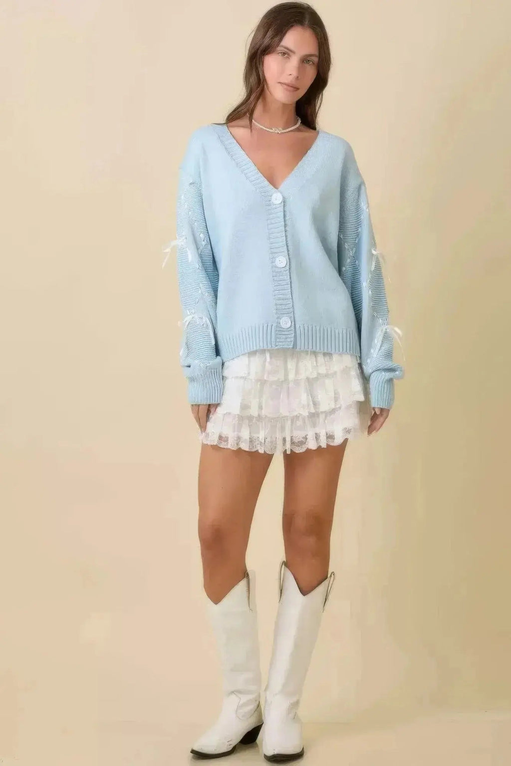 Hand Sewn Satin Ribbon Detail On Sleeve Cardigan - Mr Lou’s Place