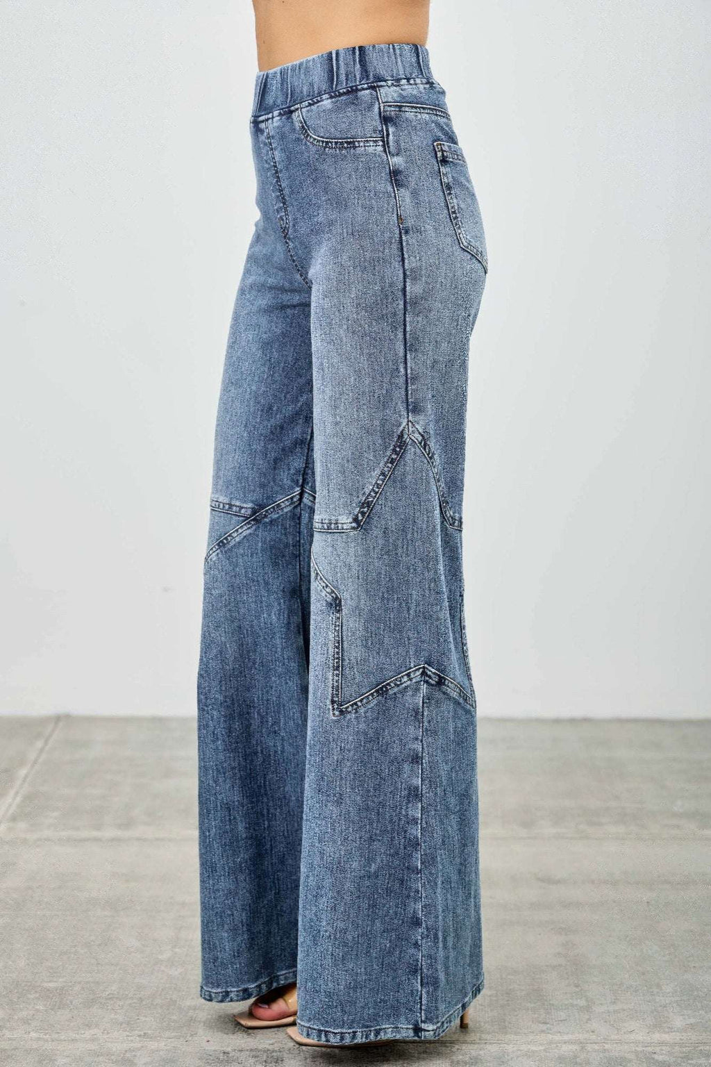High Rise Star Pull On Knit Denim With Wide Leg - Mr Lou’s Place