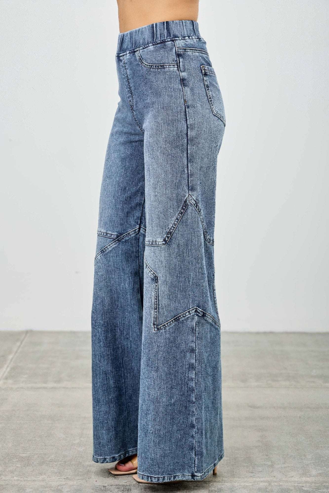 High Rise Star Pull On Knit Denim With Wide Leg - Mr Lou’s Place