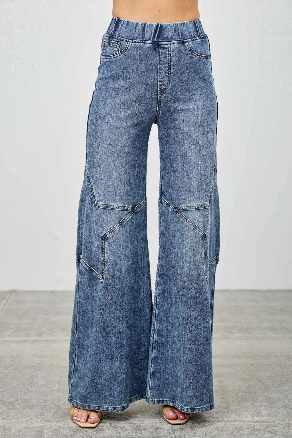 High Rise Star Pull On Knit Denim With Wide Leg - Mr Lou’s Place