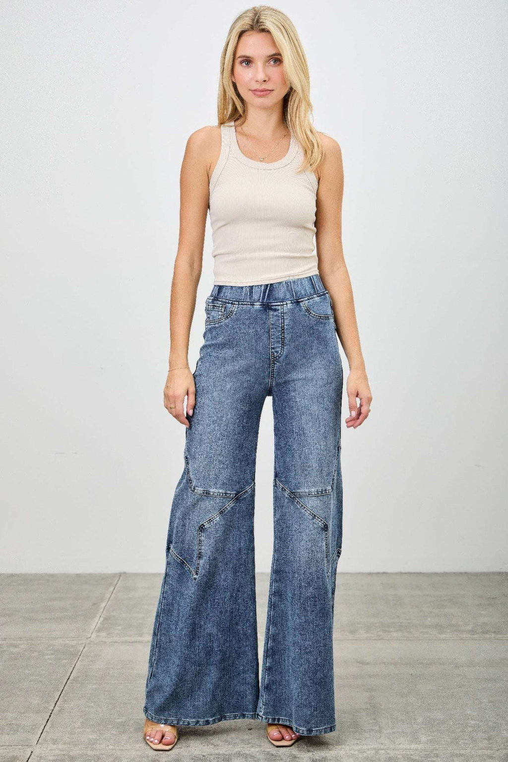 High Rise Star Pull On Knit Denim With Wide Leg - Mr Lou’s Place