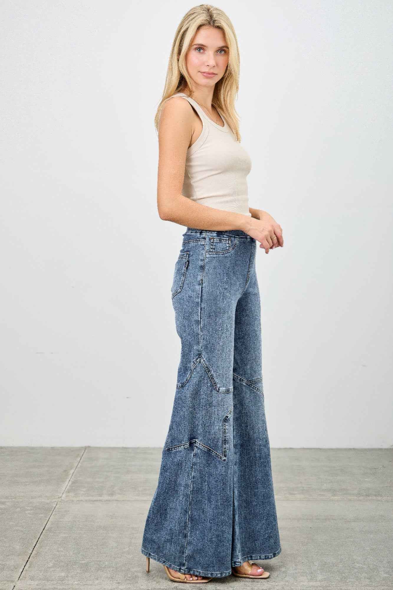 High Rise Star Pull On Knit Denim With Wide Leg - Mr Lou’s Place