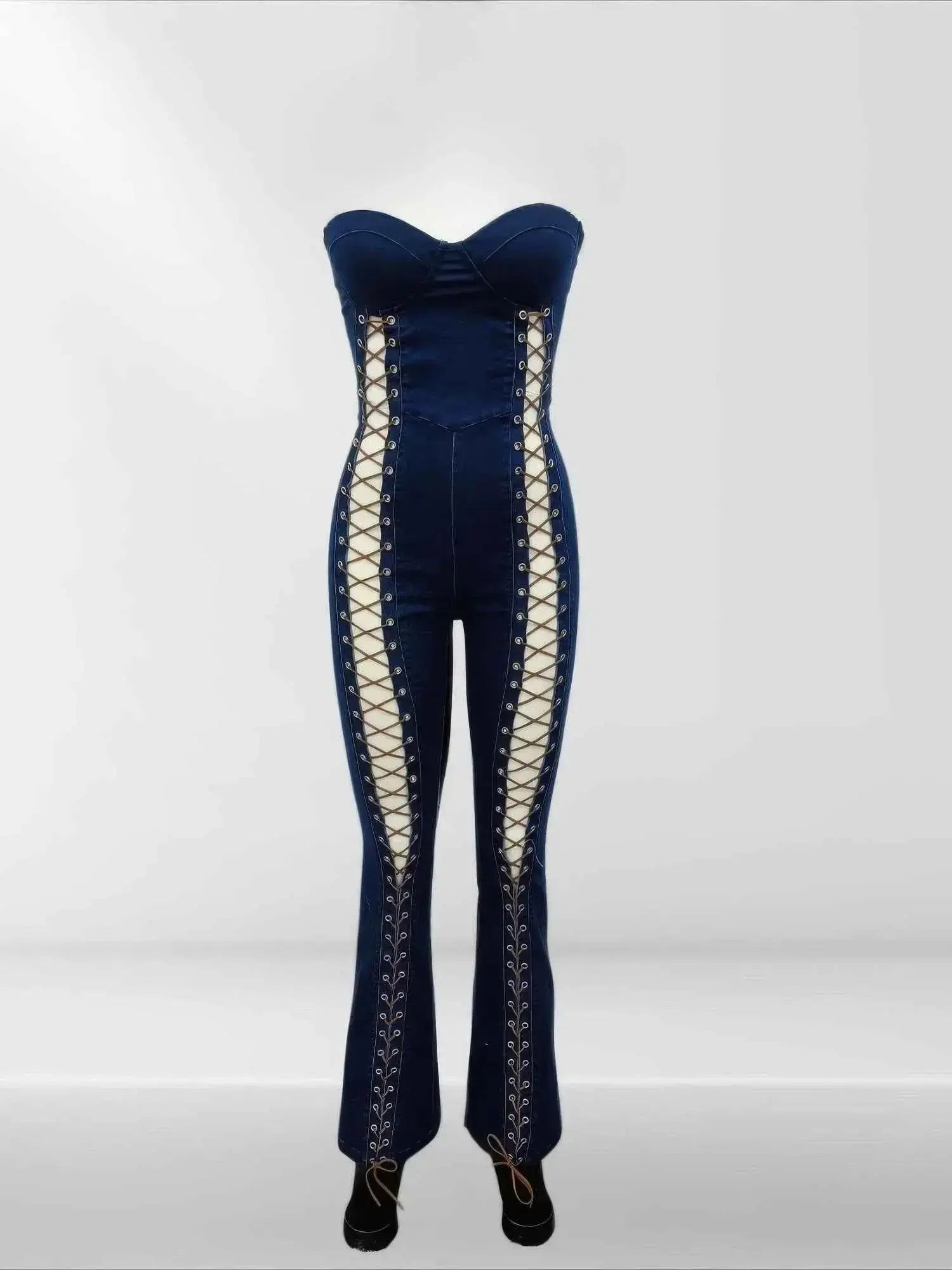 Lace Up Detail Denim Jumpsuit - Mr Lou’s Place