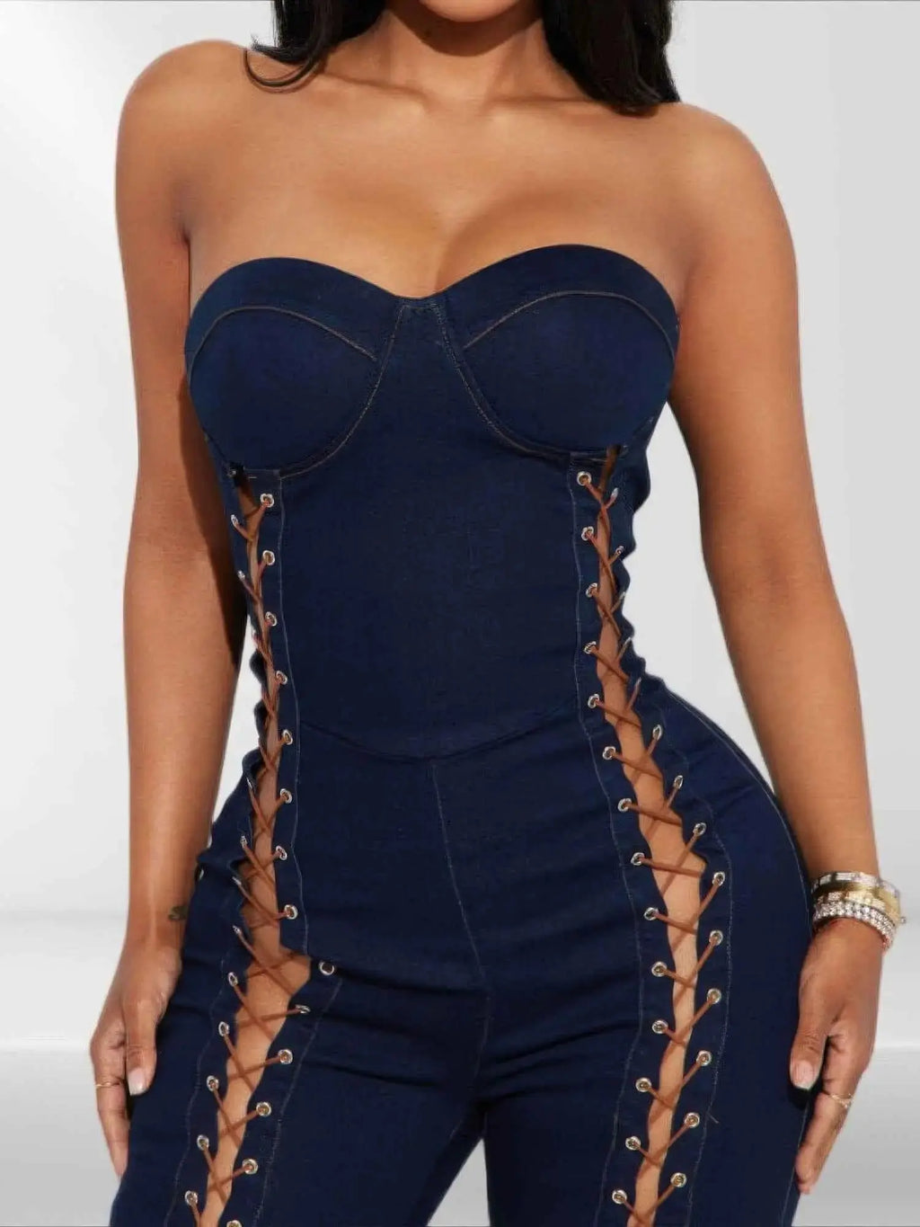 Lace Up Detail Denim Jumpsuit - Mr Lou’s Place