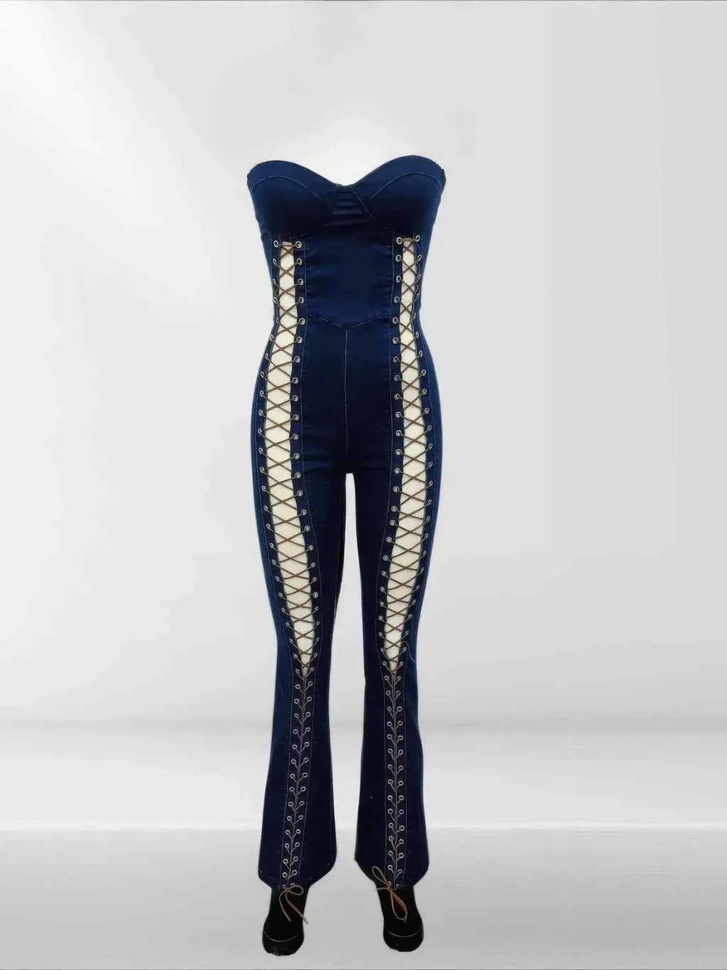 Lace Up Detail Denim Jumpsuit - Mr Lou’s Place