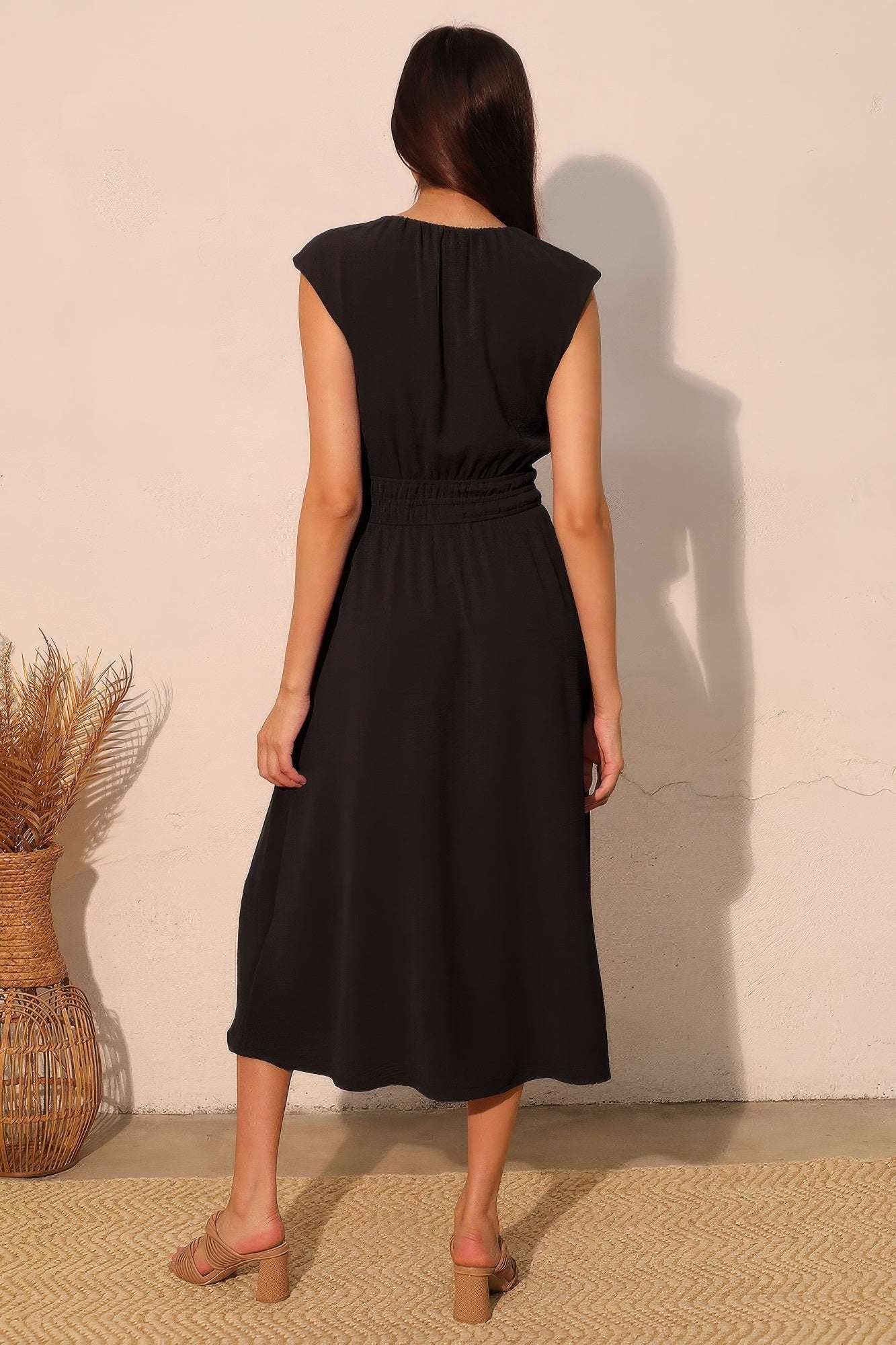 Matte Crepe Ruched Elastic Midi Dress - Mr Lou’s Place