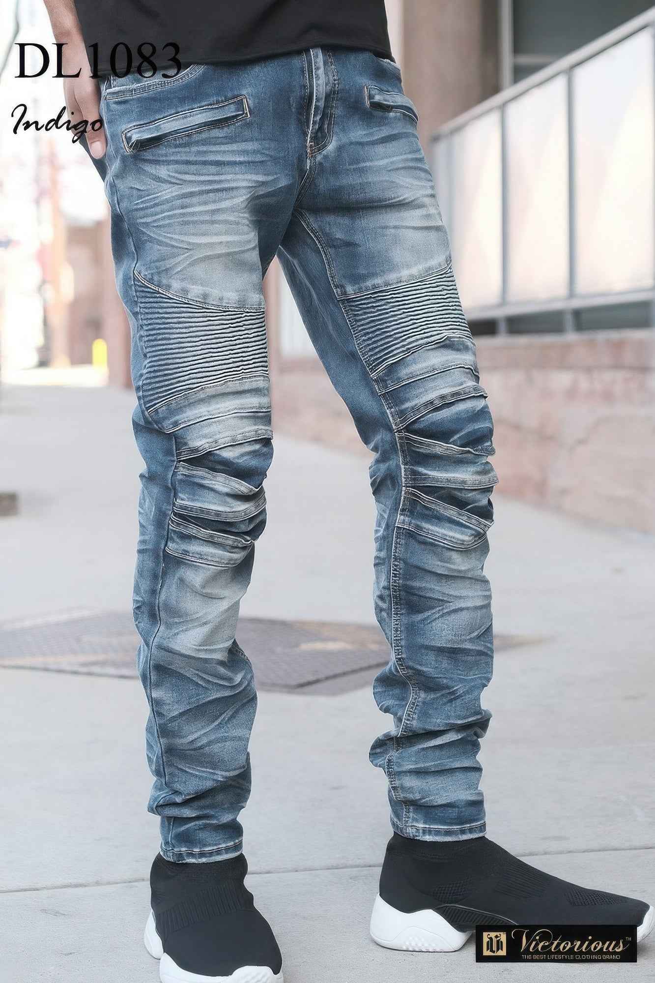 Men Creased Biker Denim Jeans - Mr Lou’s Place