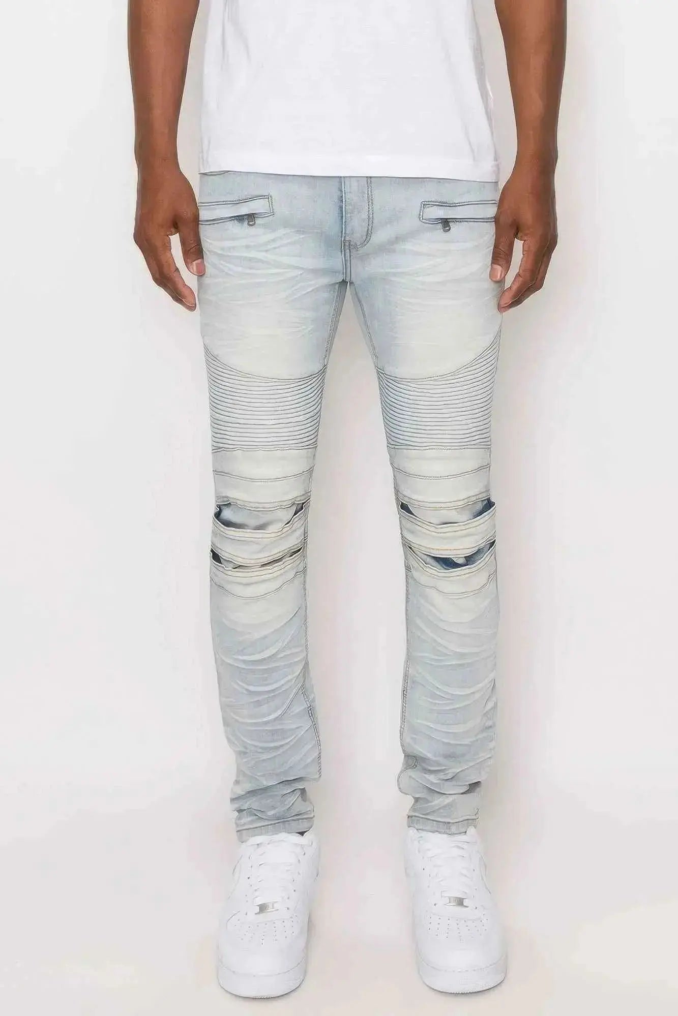 Men Creased Biker Denim Jeans - Mr Lou’s Place