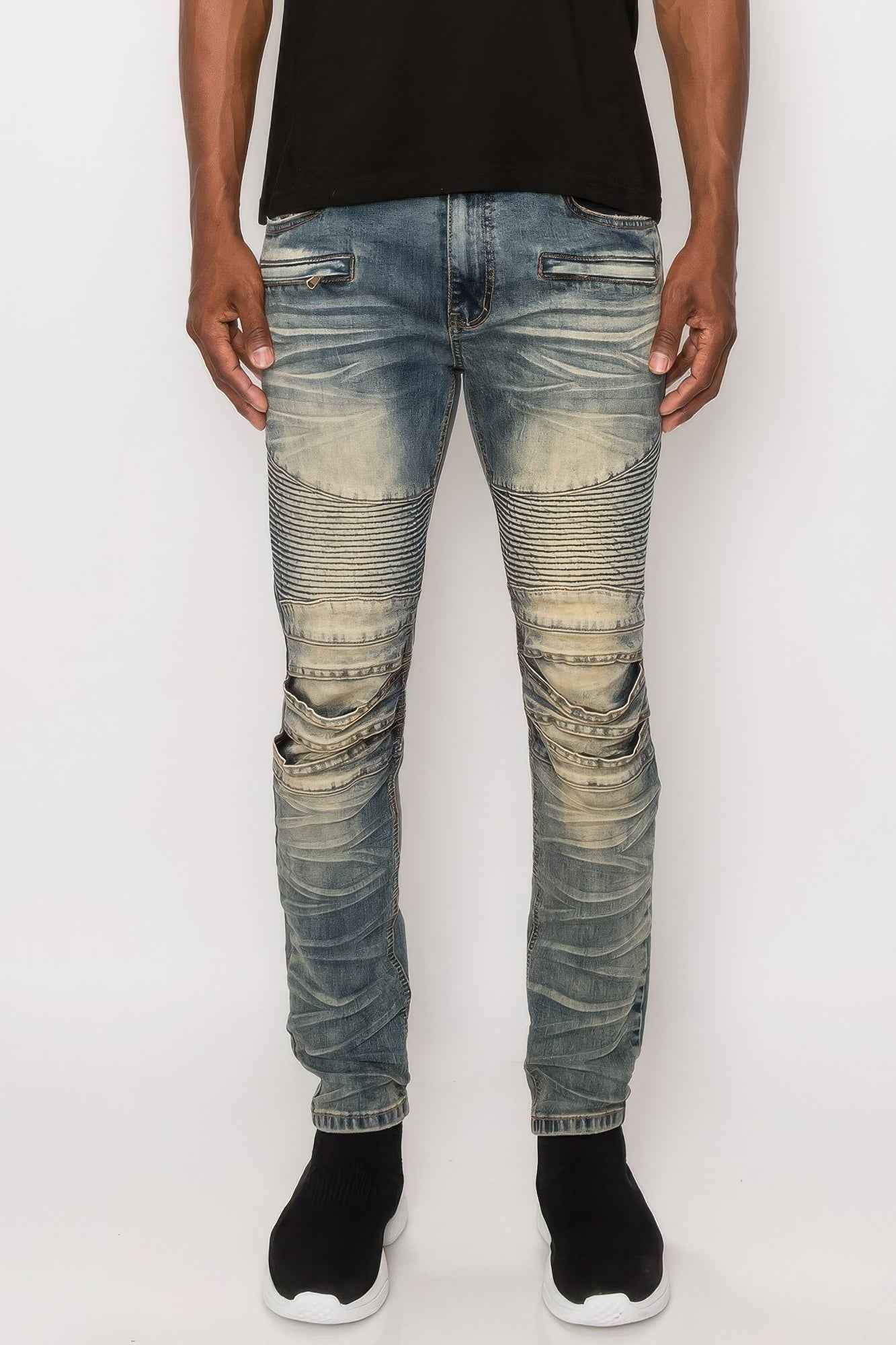Men Creased Biker Denim Jeans - Mr Lou’s Place