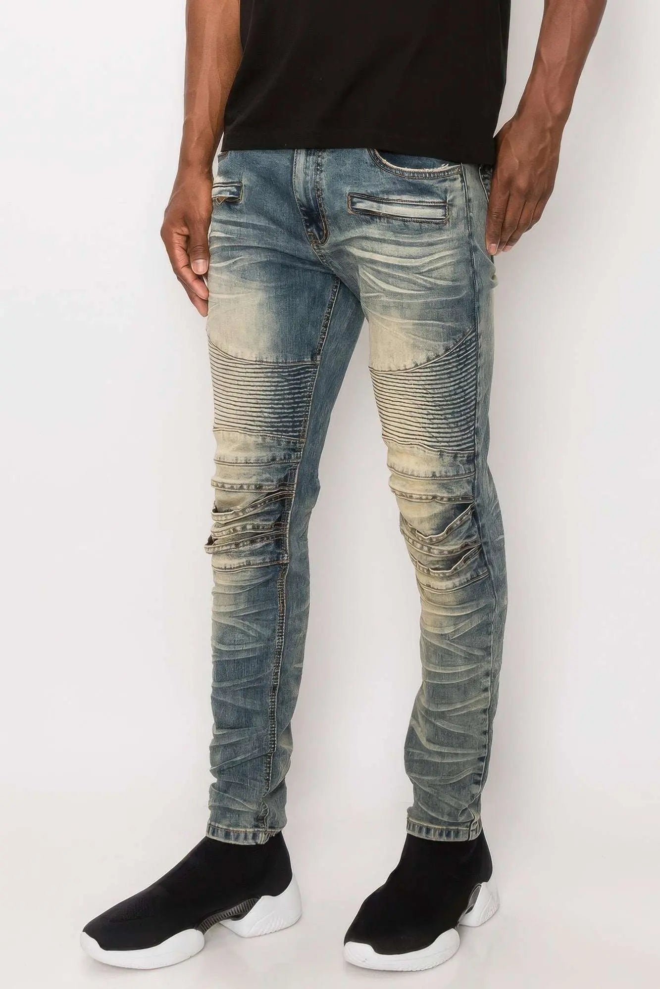 Men Creased Biker Denim Jeans - Mr Lou’s Place
