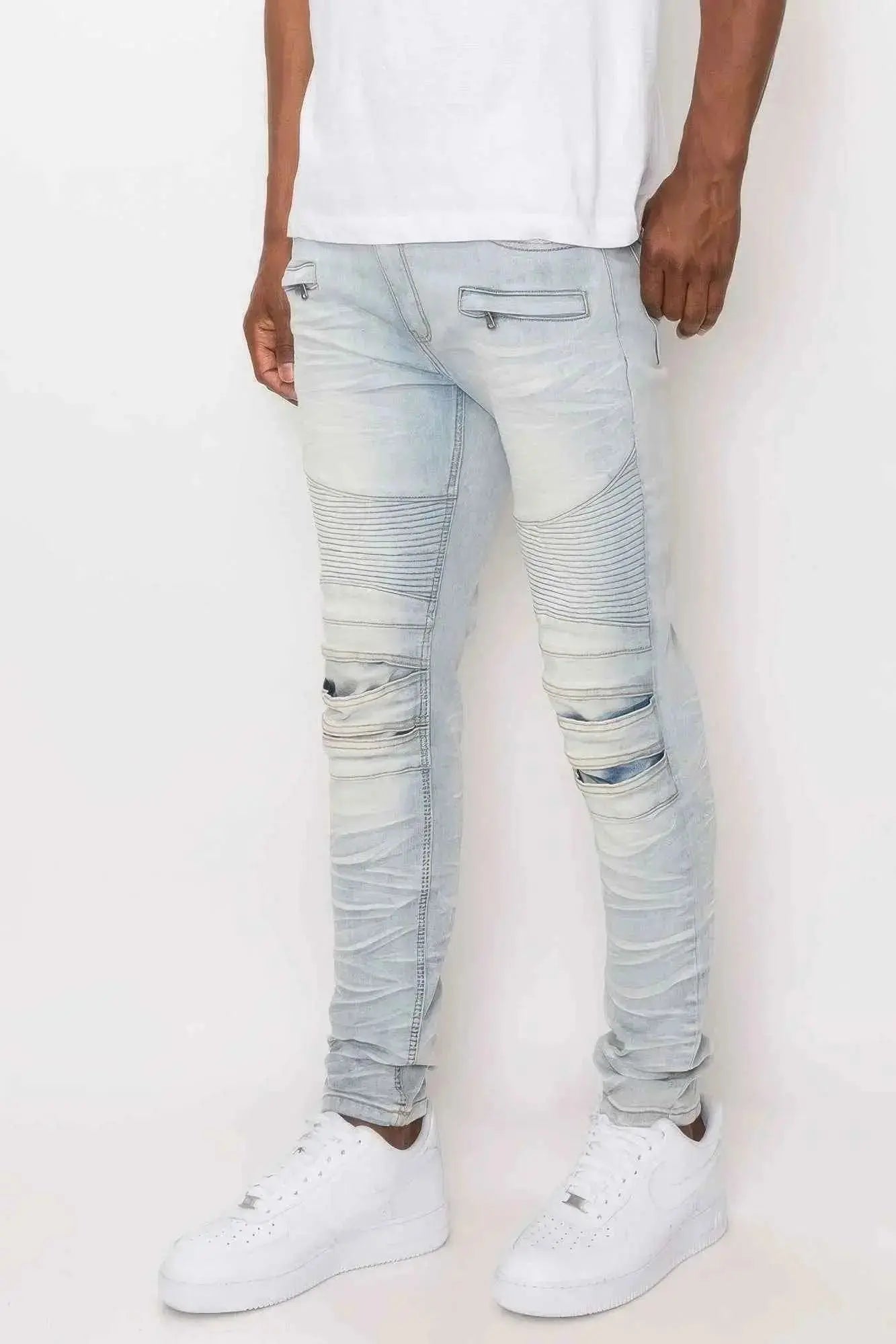 Men Creased Biker Denim Jeans - Mr Lou’s Place