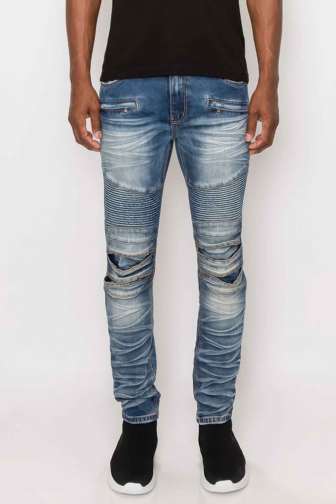 Men Creased Biker Denim Jeans - Mr Lou’s Place