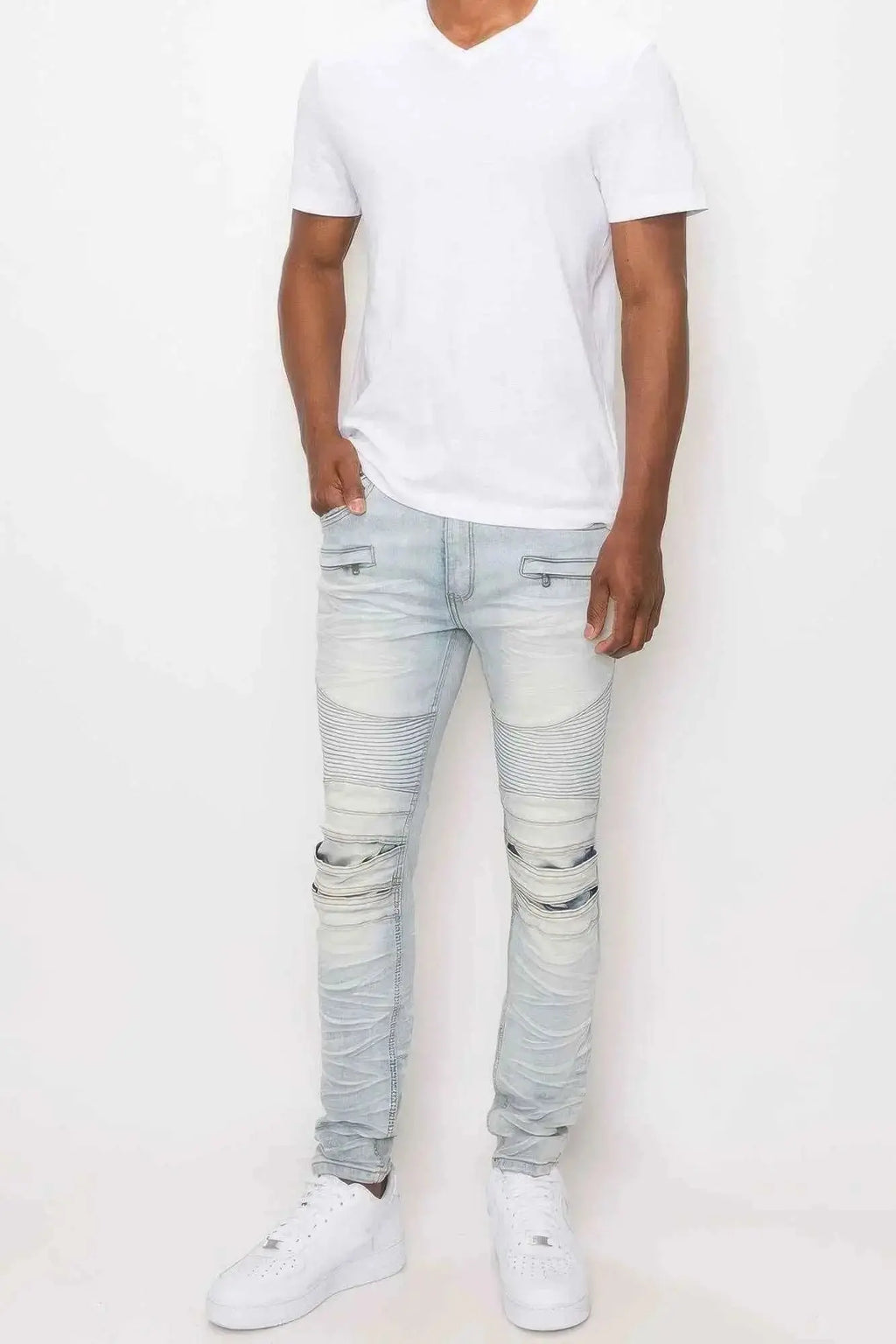 Men Creased Biker Denim Jeans - Mr Lou’s Place
