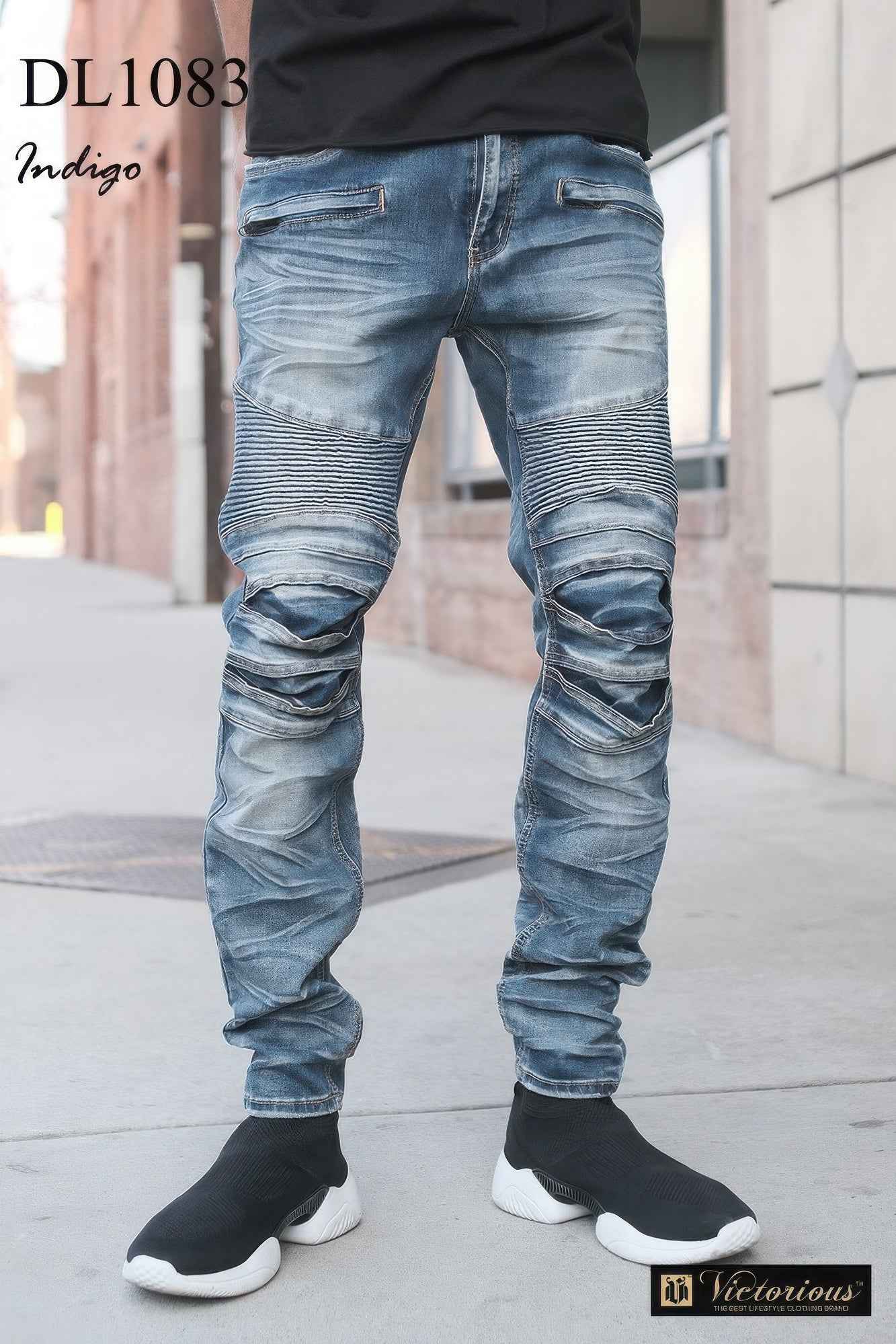 Men Creased Biker Denim Jeans - Mr Lou’s Place