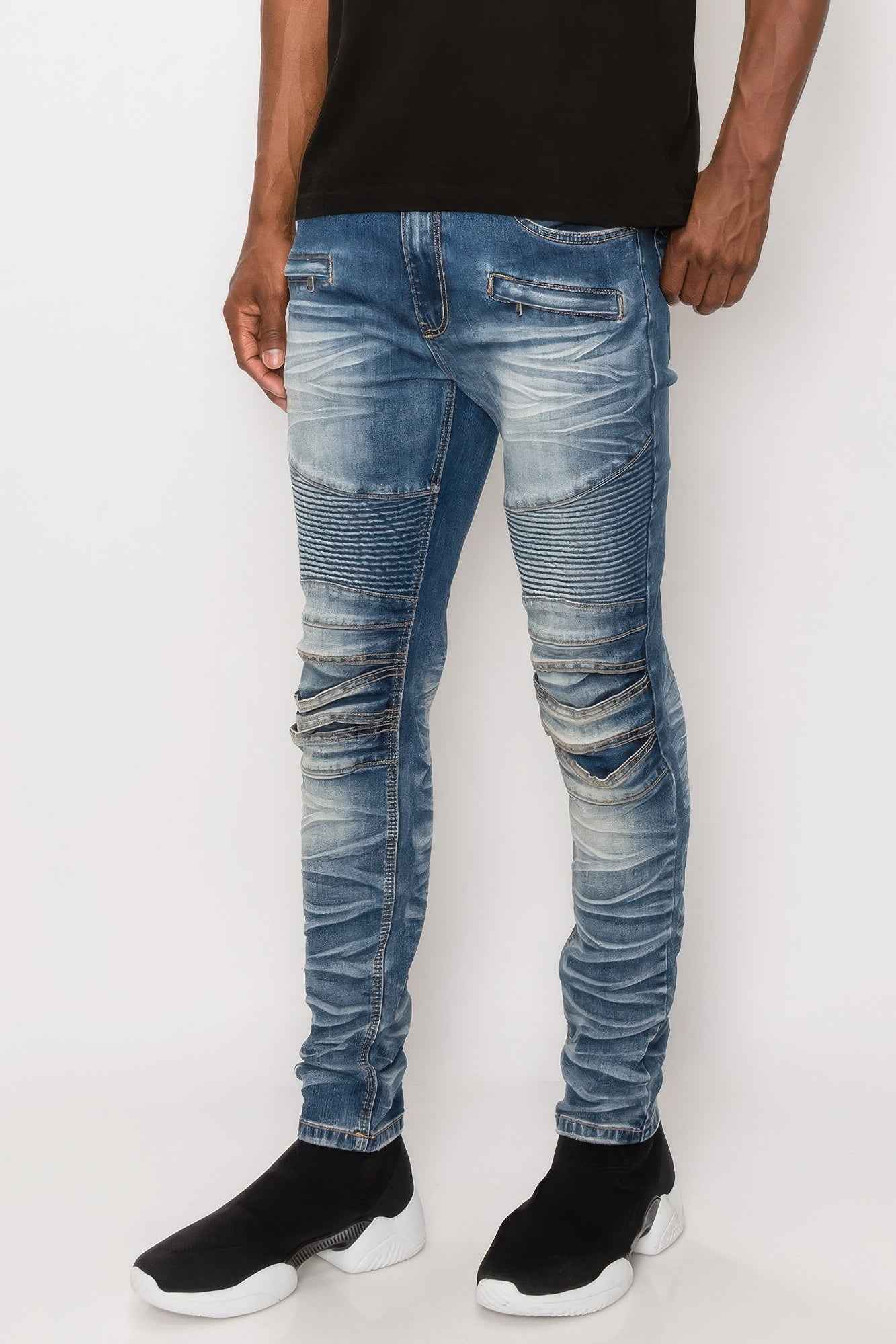 Men Creased Biker Denim Jeans - Mr Lou’s Place