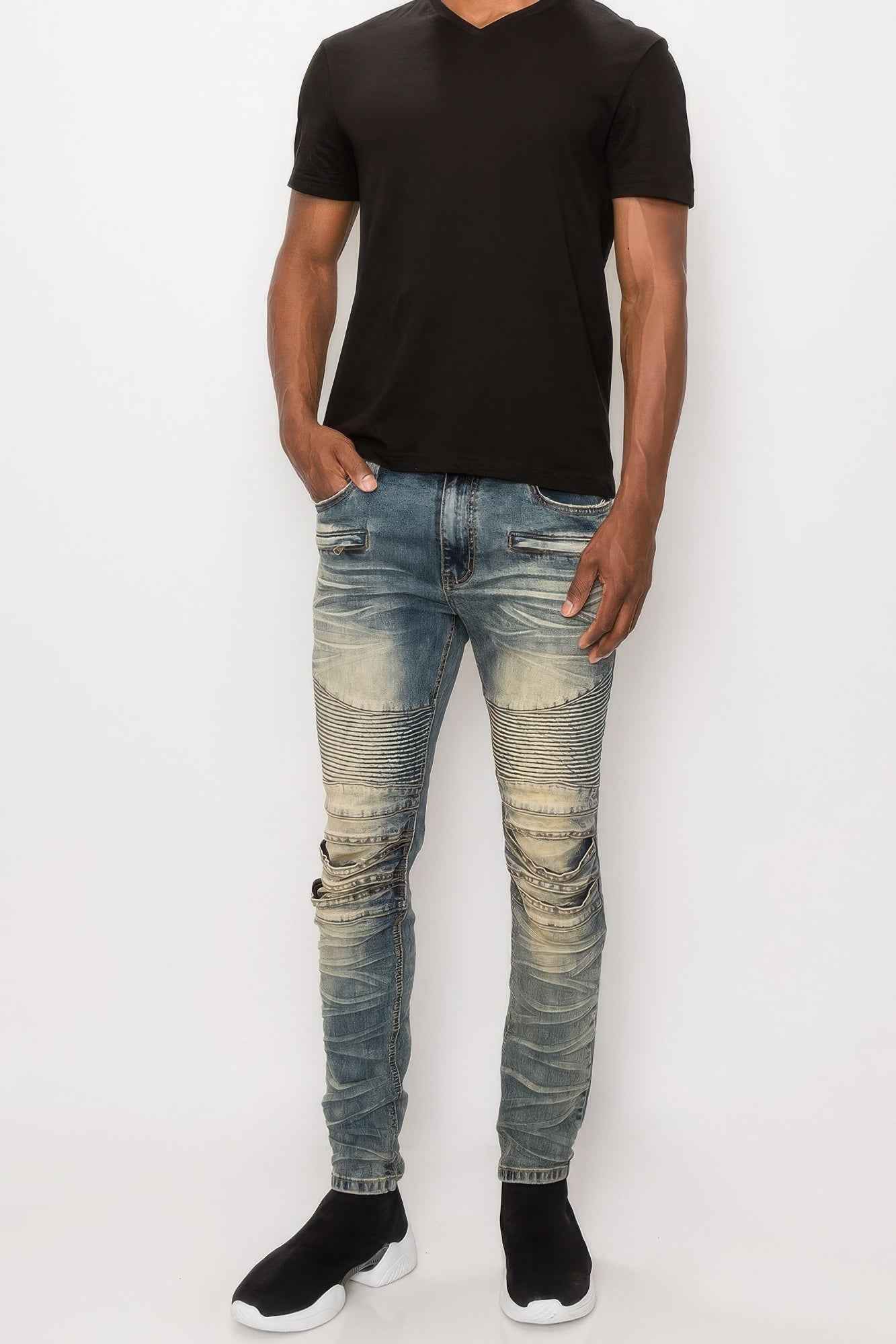 Men Creased Biker Denim Jeans - Mr Lou’s Place