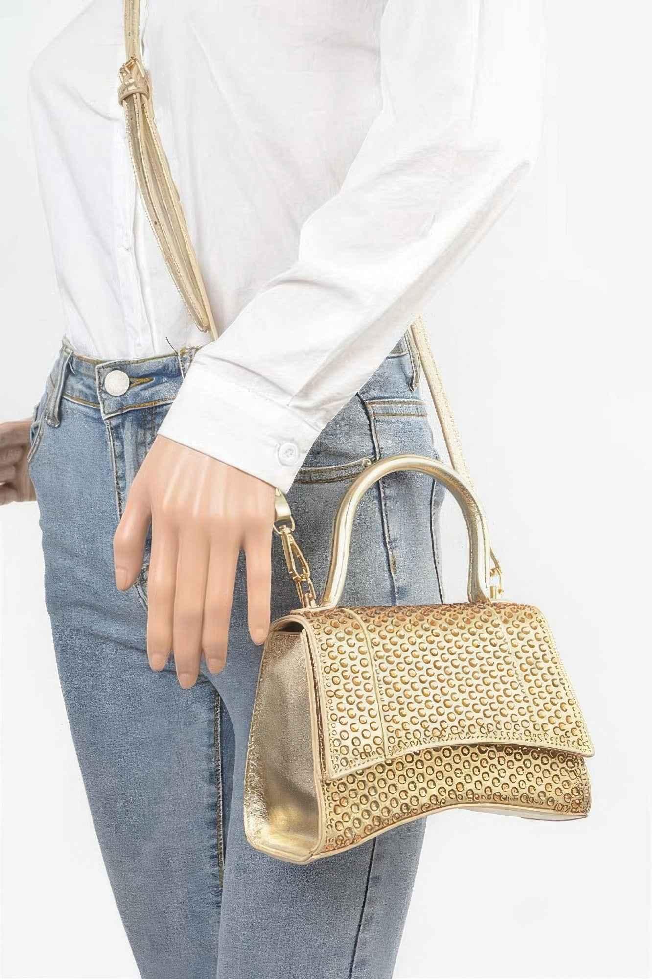 Metallic Rhinestone Hotfix Top Handle Flap Bag - Mr Lou’s Place