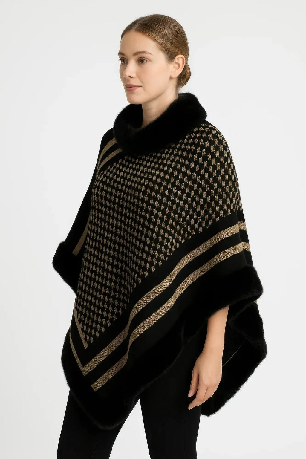 Patterned Knit Poncho With Faux Fur Trim - Mr Lou’s Place