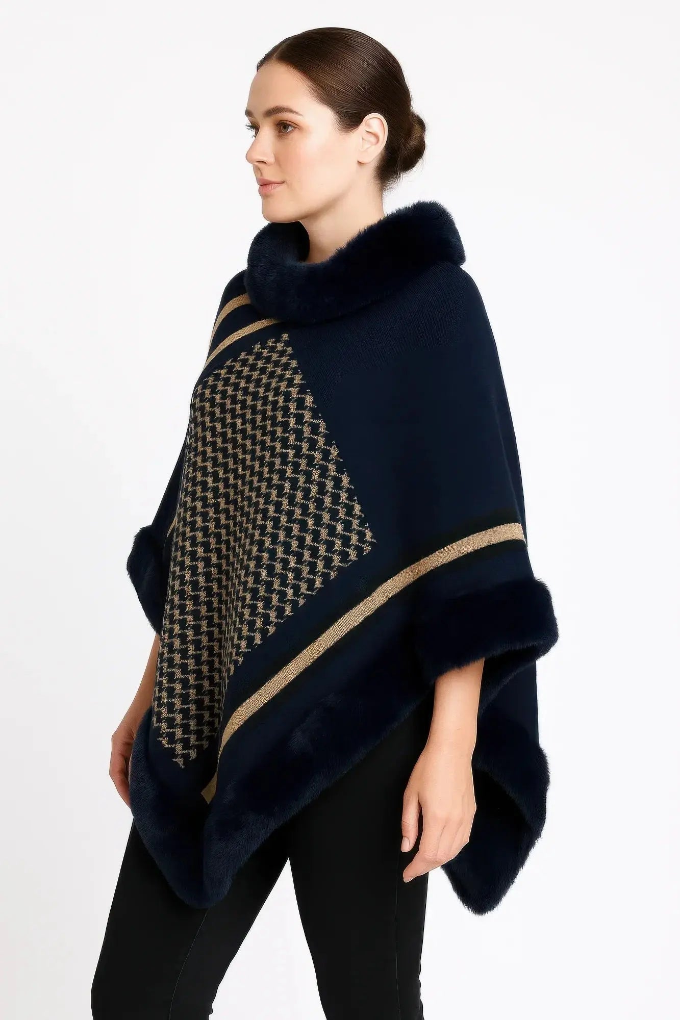 Patterned Knit Poncho With Faux Fur Trim - Mr Lou’s Place
