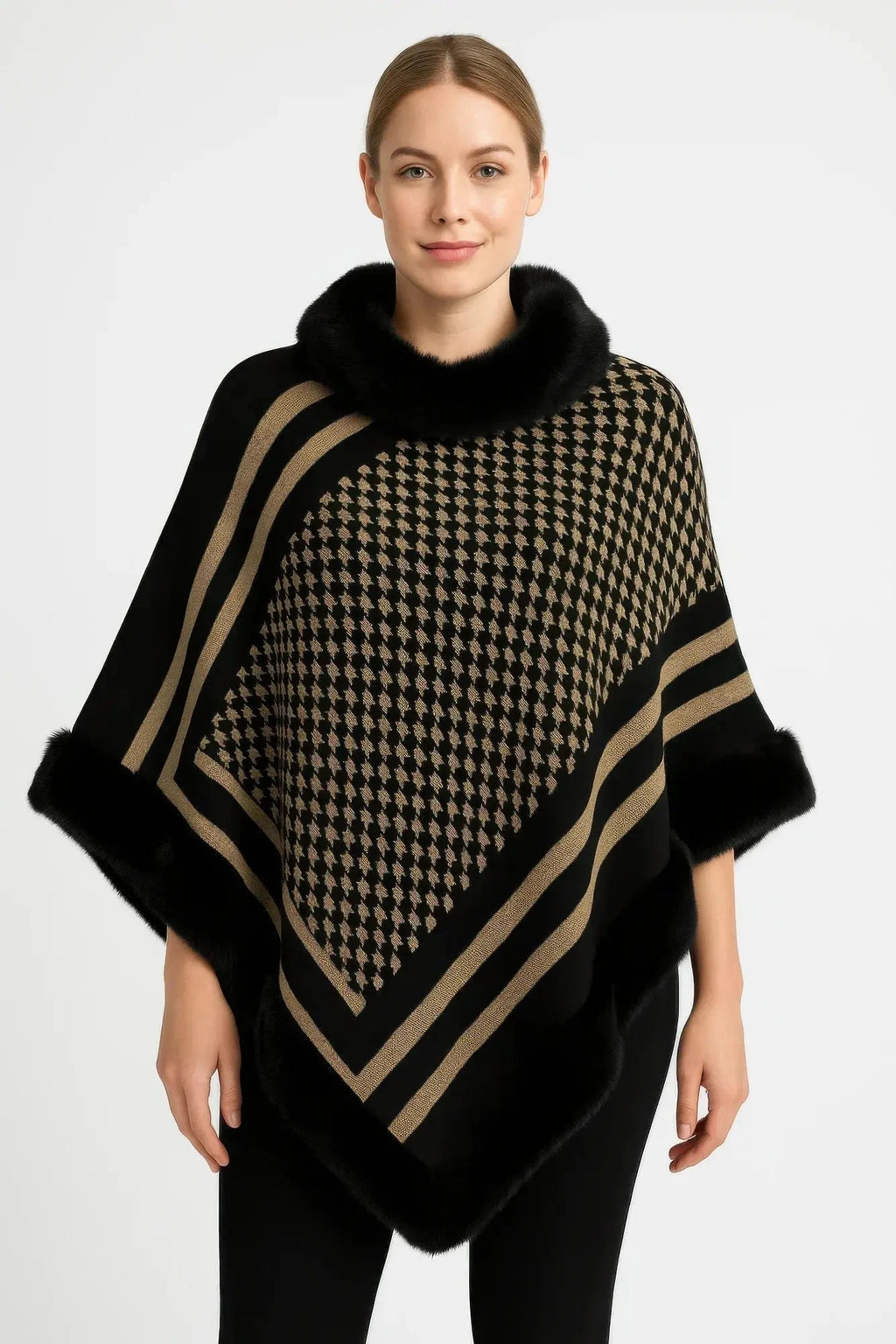 Patterned Knit Poncho With Faux Fur Trim - Mr Lou’s Place