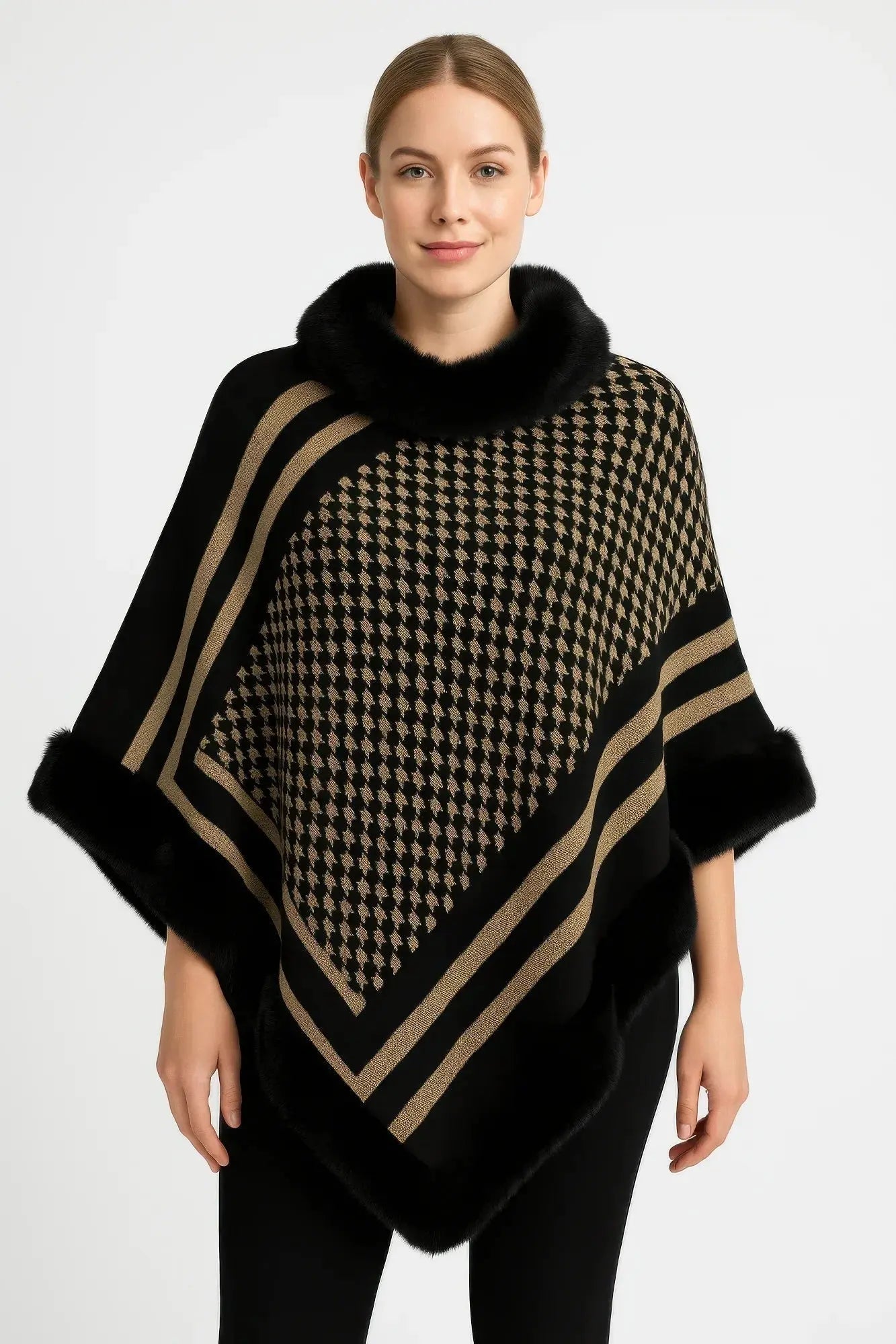 Patterned Knit Poncho With Faux Fur Trim - Mr Lou’s Place