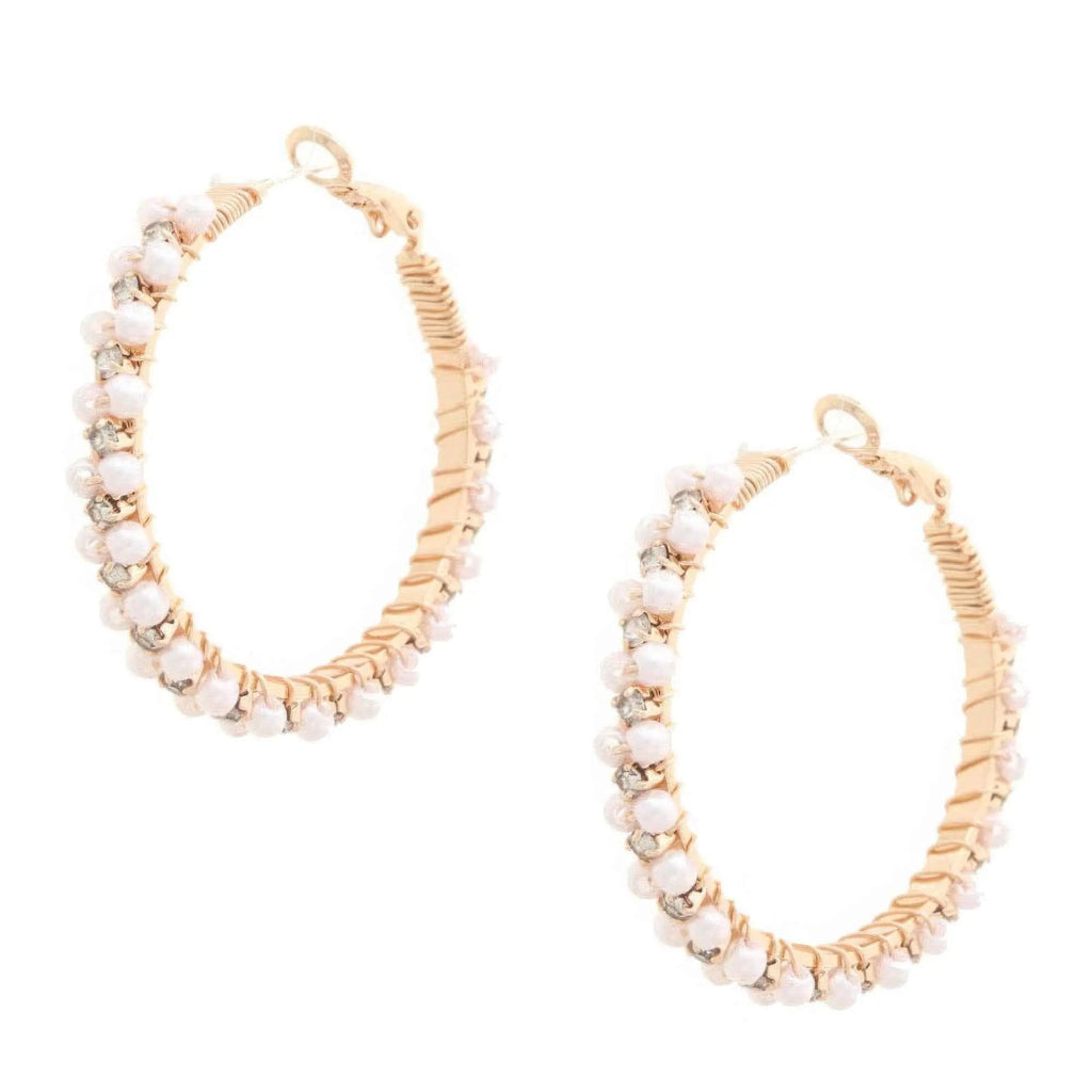 Pearl Bead Rhinestone Wire Wrapped Hoop Earring - Mr Lou’s Place