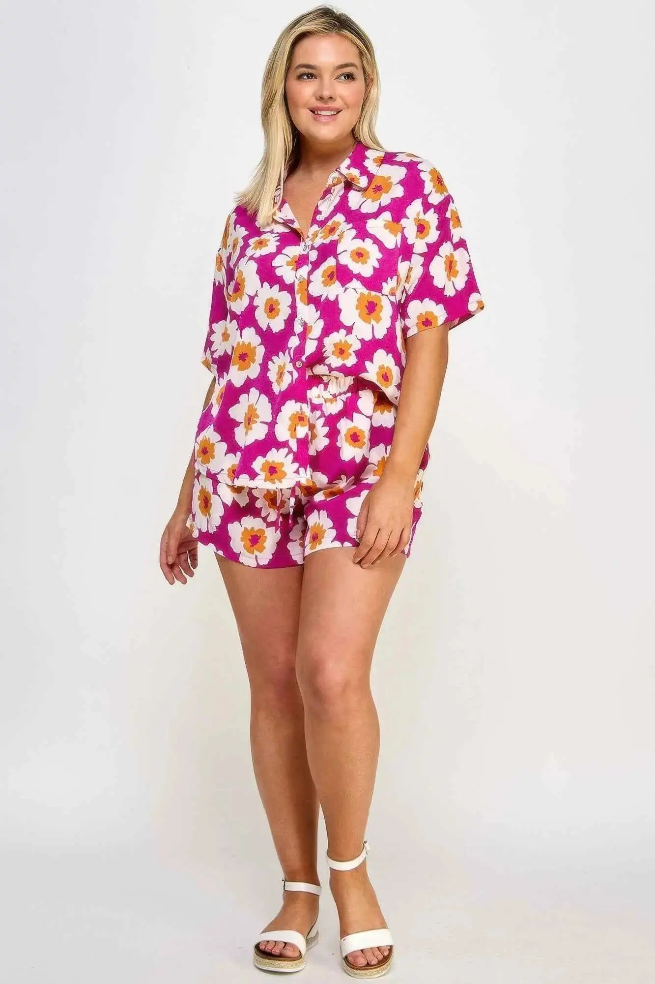 Plus Button Down Shirt And Shorts Set - Mr Lou’s Place
