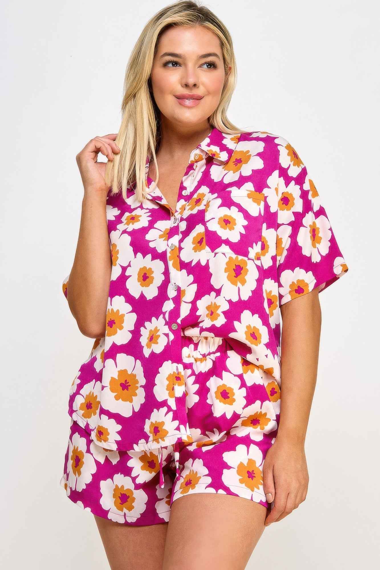 Plus Button Down Shirt And Shorts Set - Mr Lou’s Place