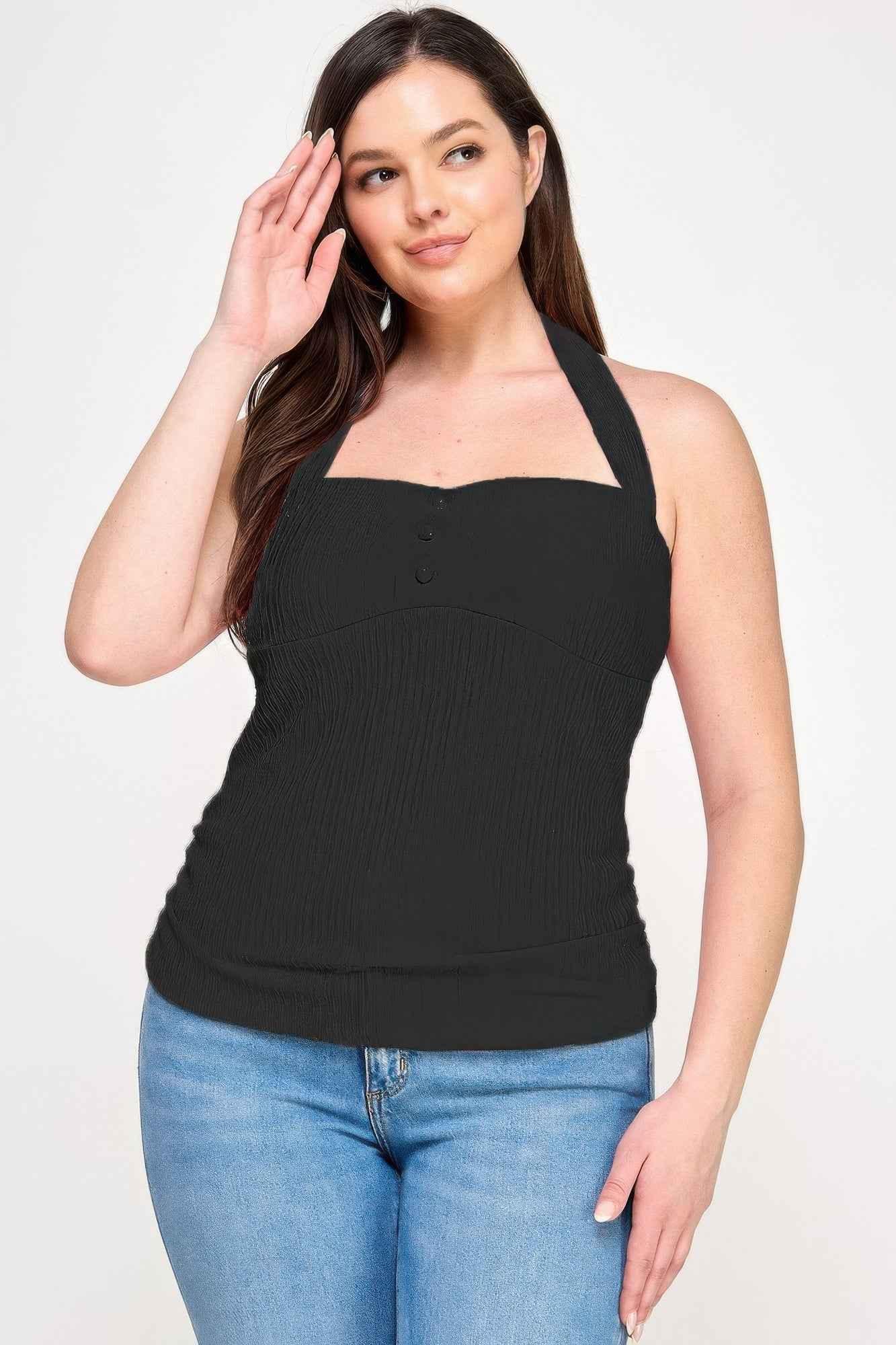 Plus Halter Tie Crinkle Knit Top - Mr Lou’s Place