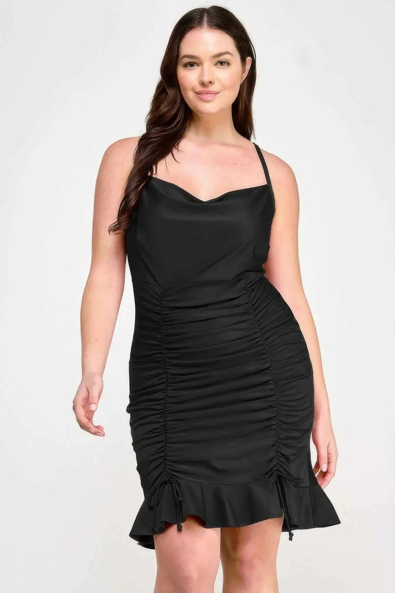 Plus Size Cowl Neck Ruch Ruffle Dress - Mr Lou’s Place