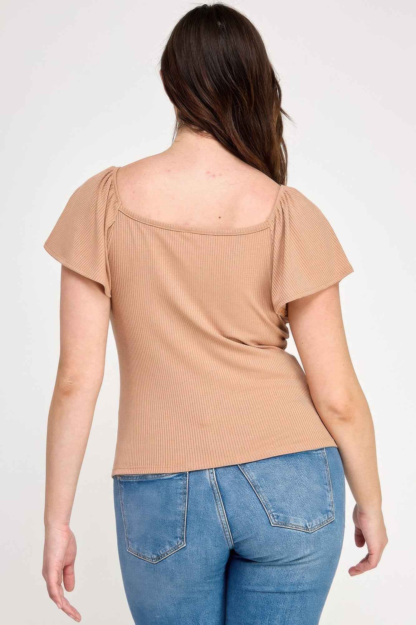 Plus Size Flare Ss V-neck Knit Rib Top - Mr Lou’s Place