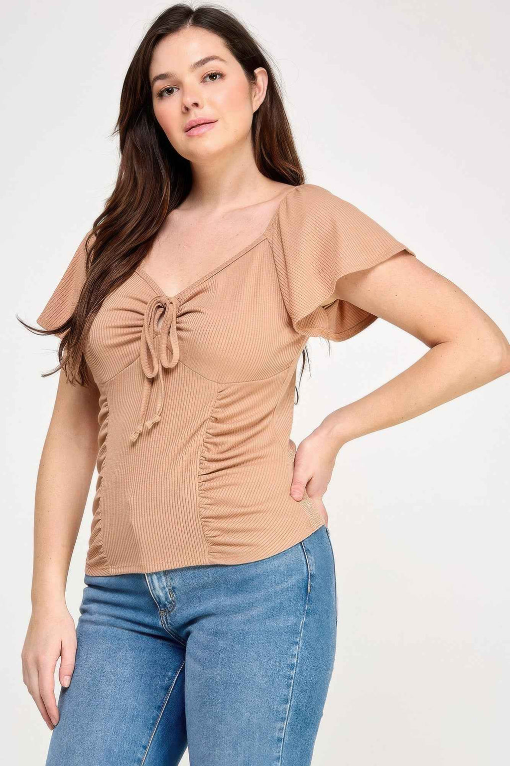 Plus Size Flare Ss V-neck Knit Rib Top - Mr Lou’s Place