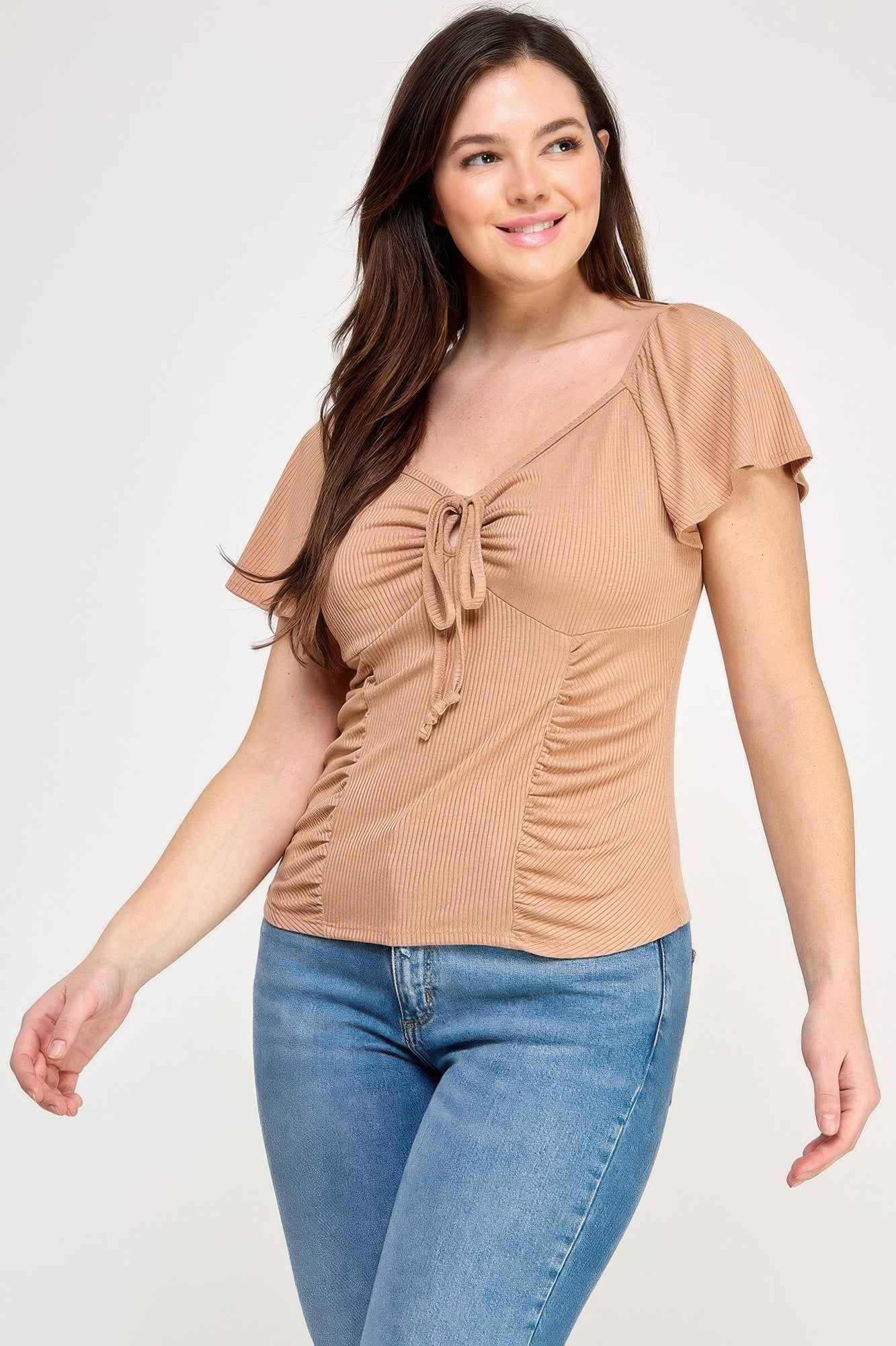 Plus Size Flare Ss V-neck Knit Rib Top - Mr Lou’s Place