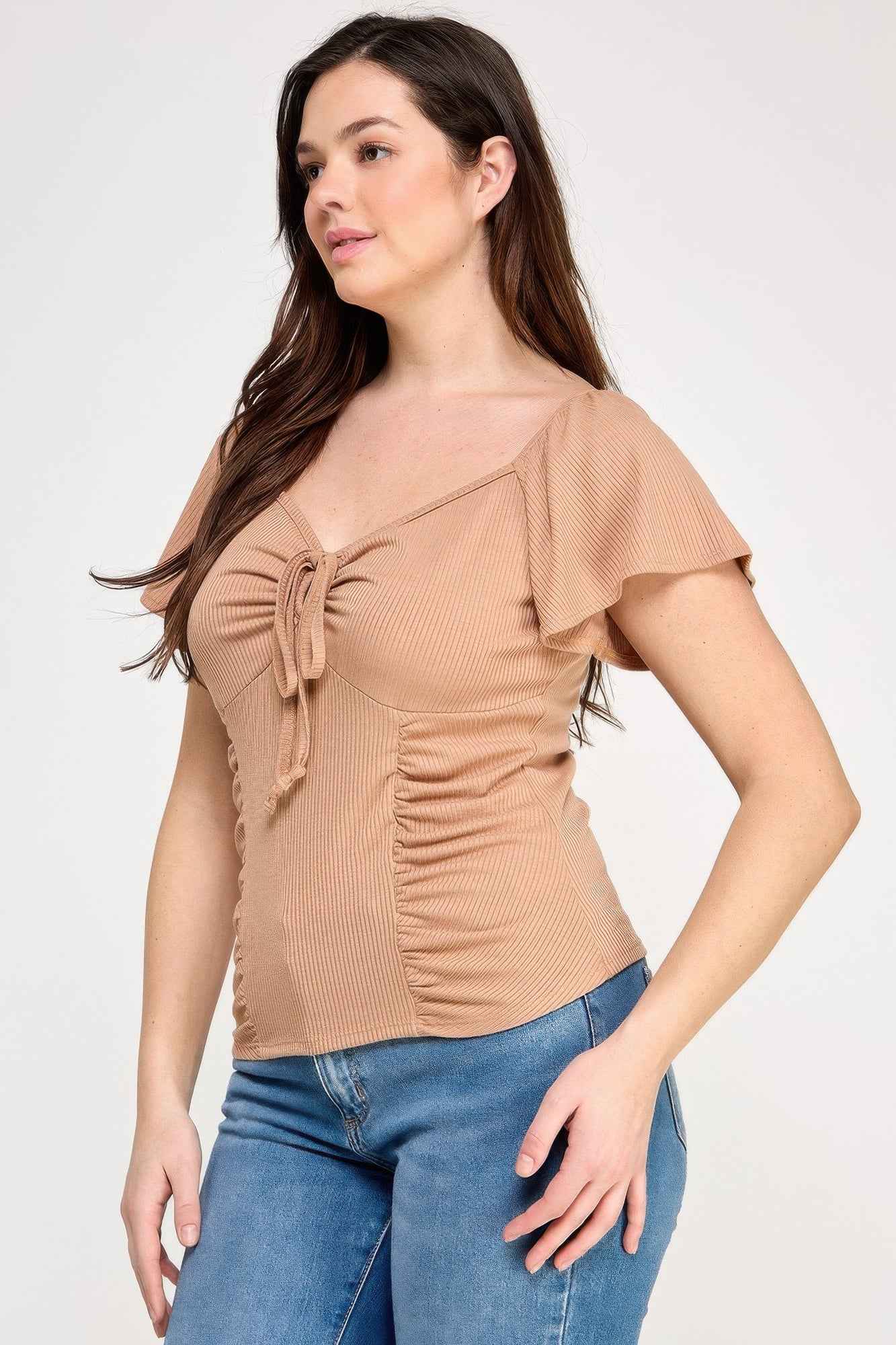 Plus Size Flare Ss V-neck Knit Rib Top - Mr Lou’s Place