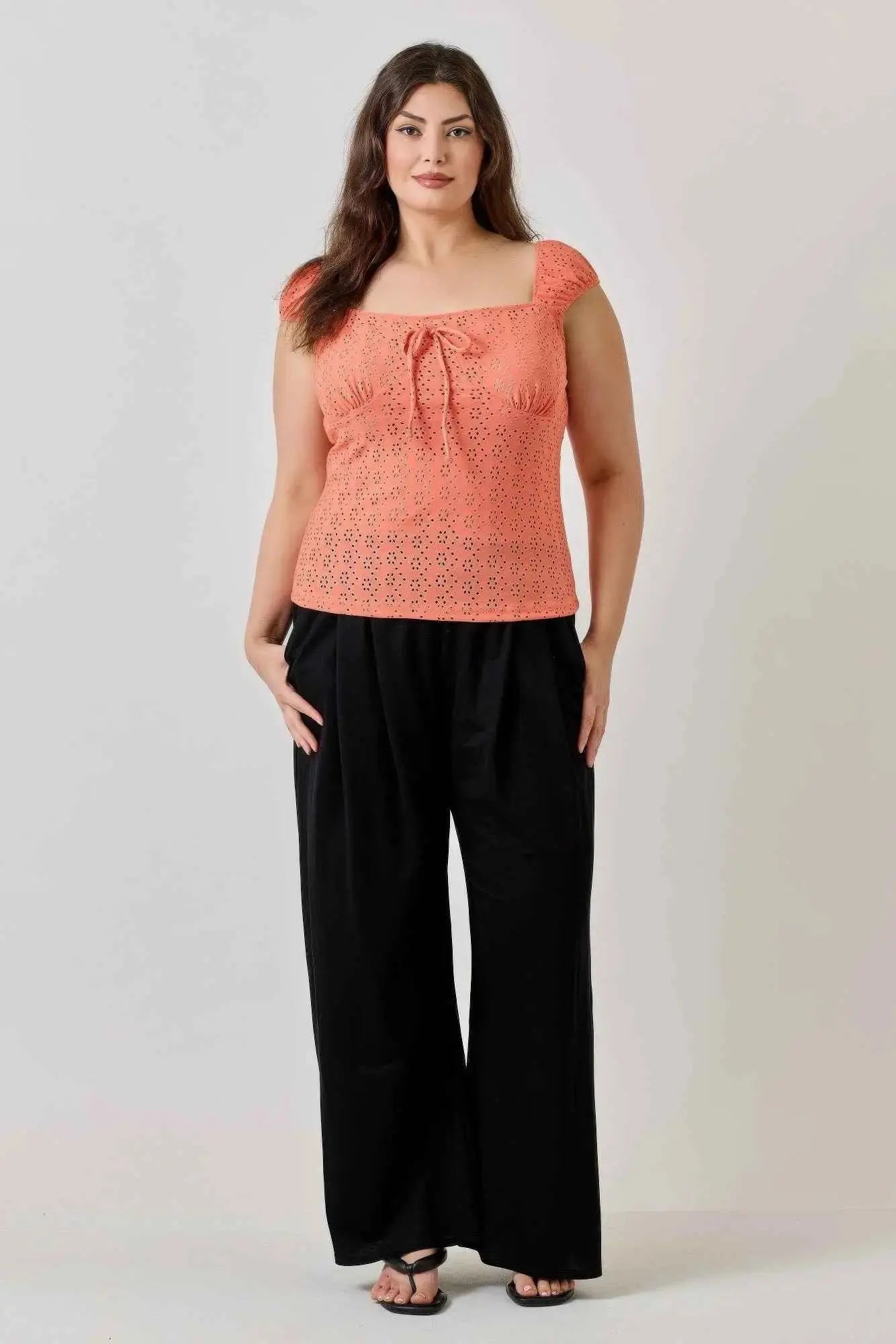 Plus Size Knit Eyelet Cap Sleeve Top - Mr Lou’s Place