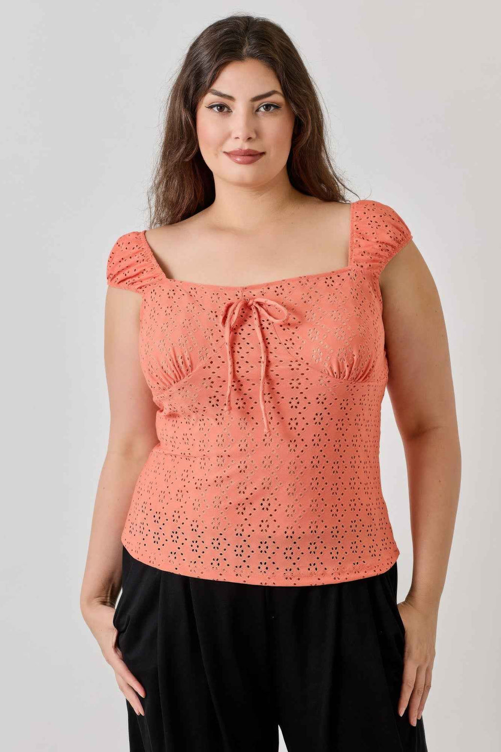 Plus Size Knit Eyelet Cap Sleeve Top - Mr Lou’s Place