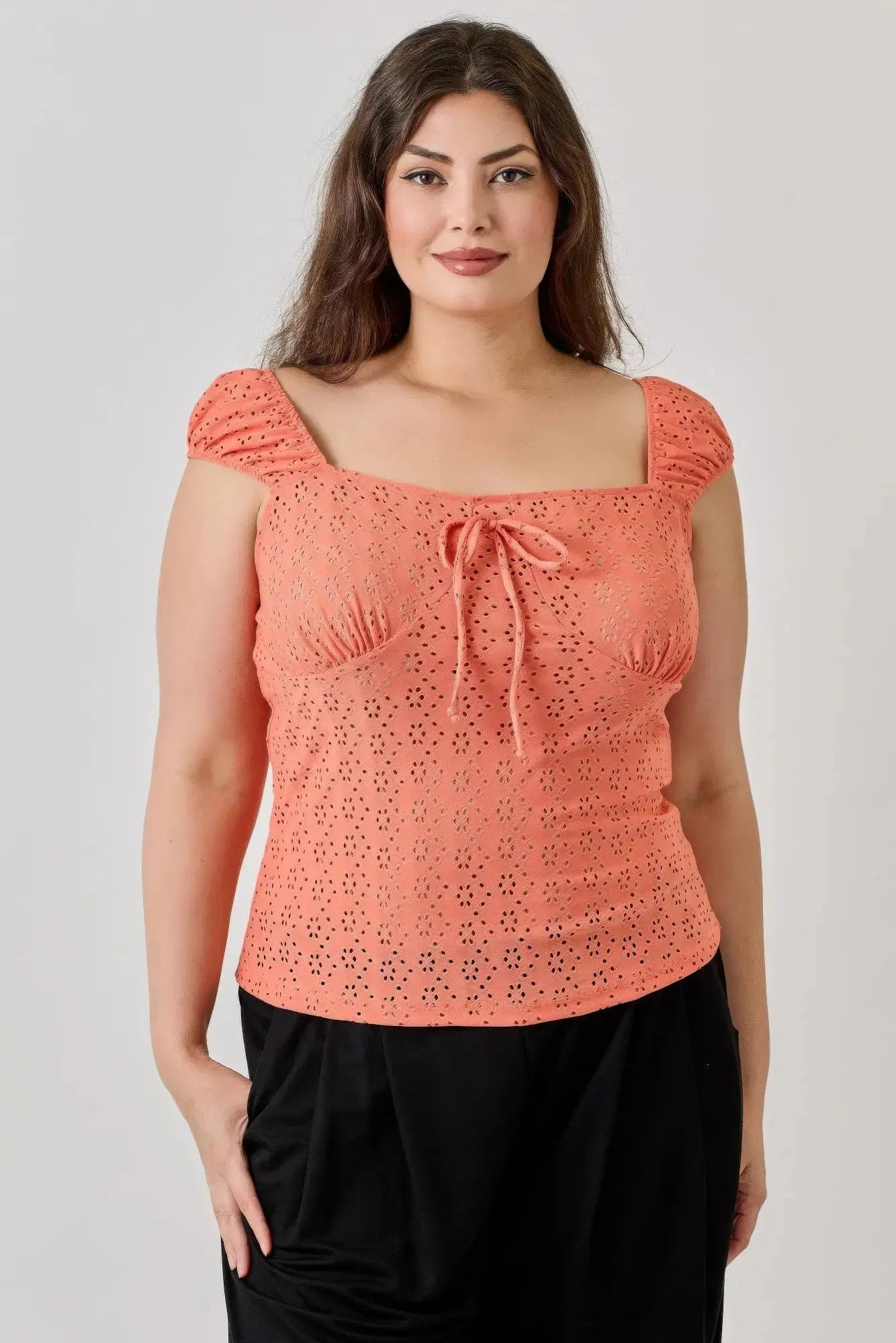 Plus Size Knit Eyelet Cap Sleeve Top - Mr Lou’s Place